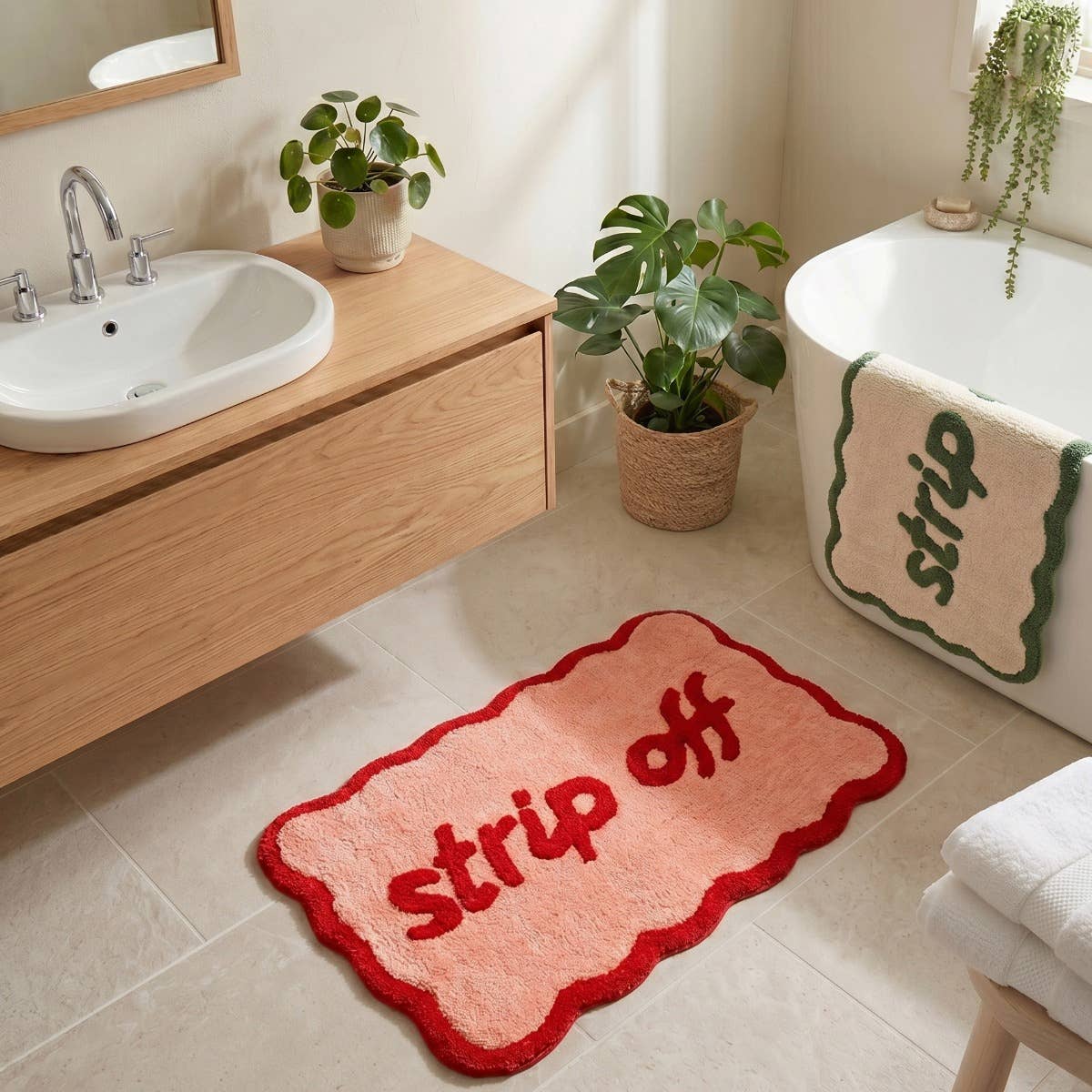 Tapis de bain « Strip Off » festonné — Crème & vert — vue 2, Crème & vert | Appart 17