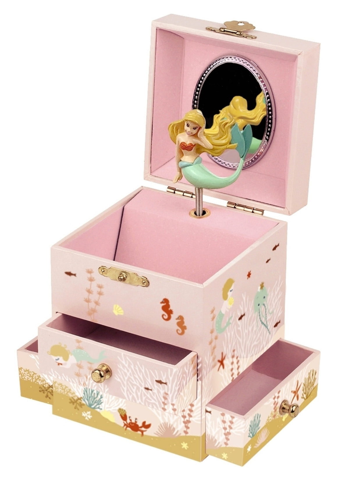 Boîte à musique 3 tiroirs Sirène — Trousselier — Sirène — boîte ouverte avec miroir, figurine et tiroirs sortis 2 | Appart 17 Bruxelles