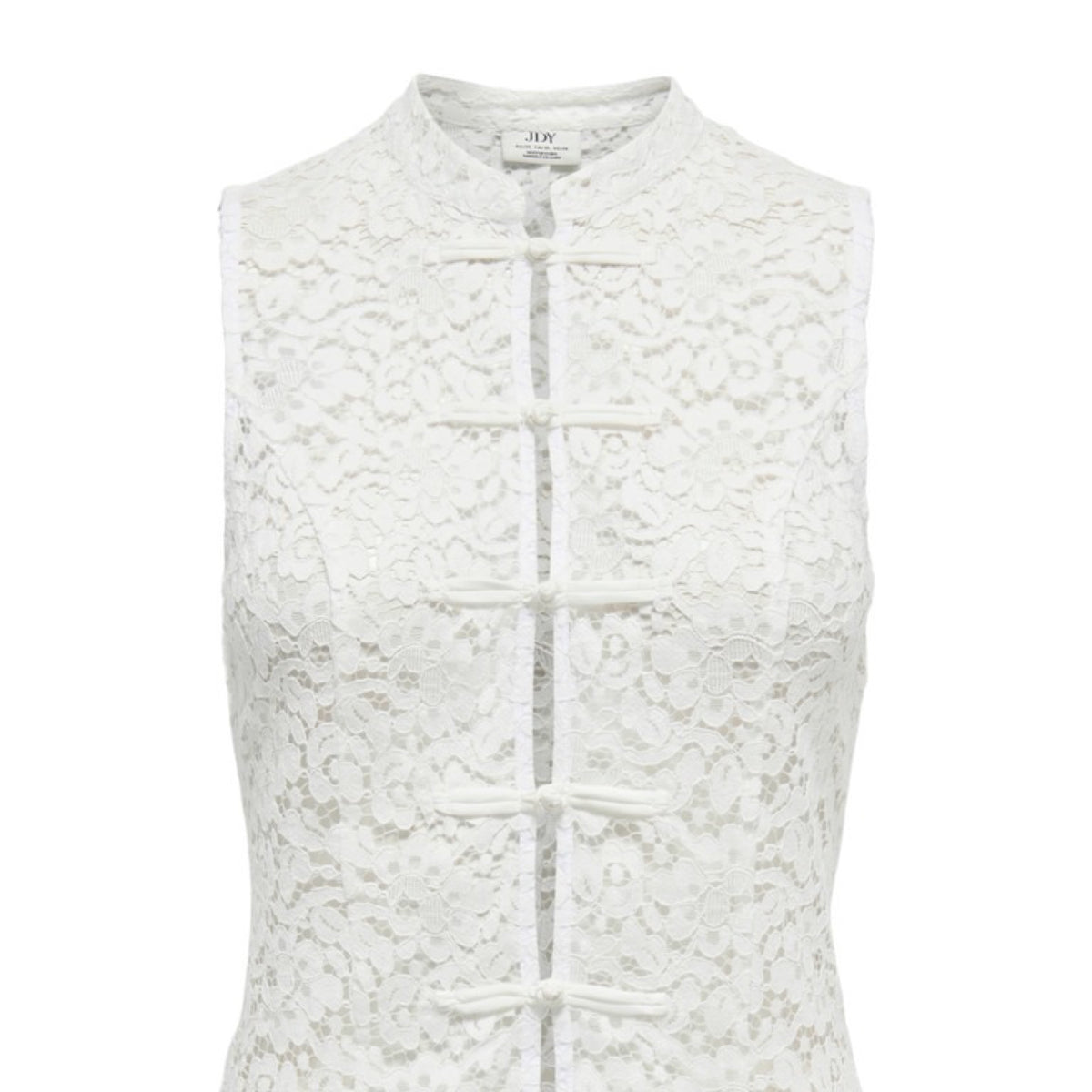 JDYISOLDE Top sans manches en dentelle à col mao et brandebourgs — JDY — Cloud Dancer — packshot, de face | Appart 17 Bruxelles
