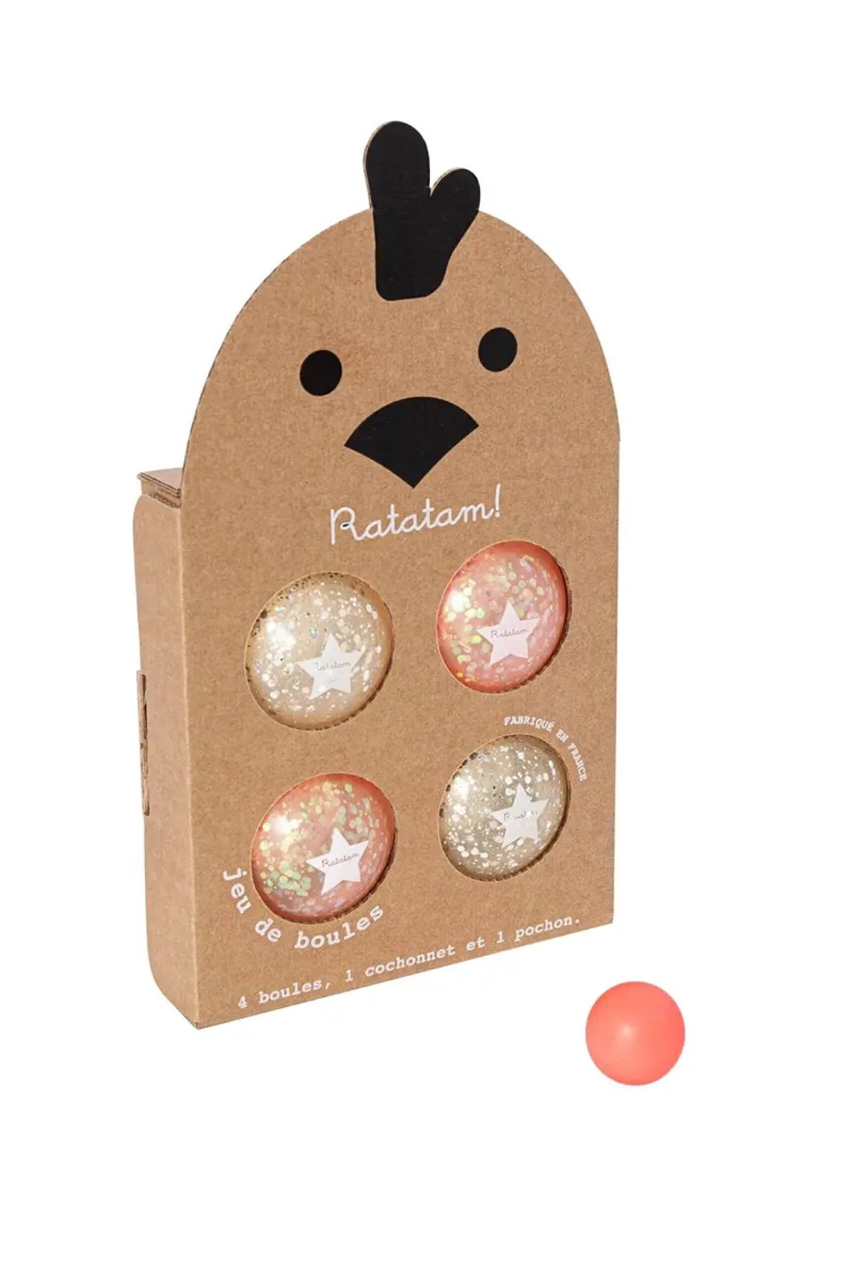Pétanque pour enfant à paillettes, fabriquée en France — Ratatam Kids — Bulles argent & rose — packshot | Appart 17 Bruxelles