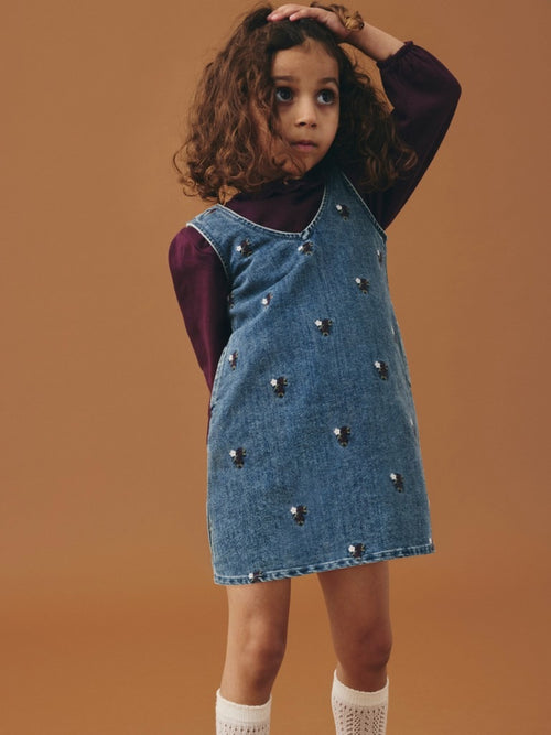 NMFROBERTA Robe chasuble en jean brodée de fleurs fille — Dark Blue Denim