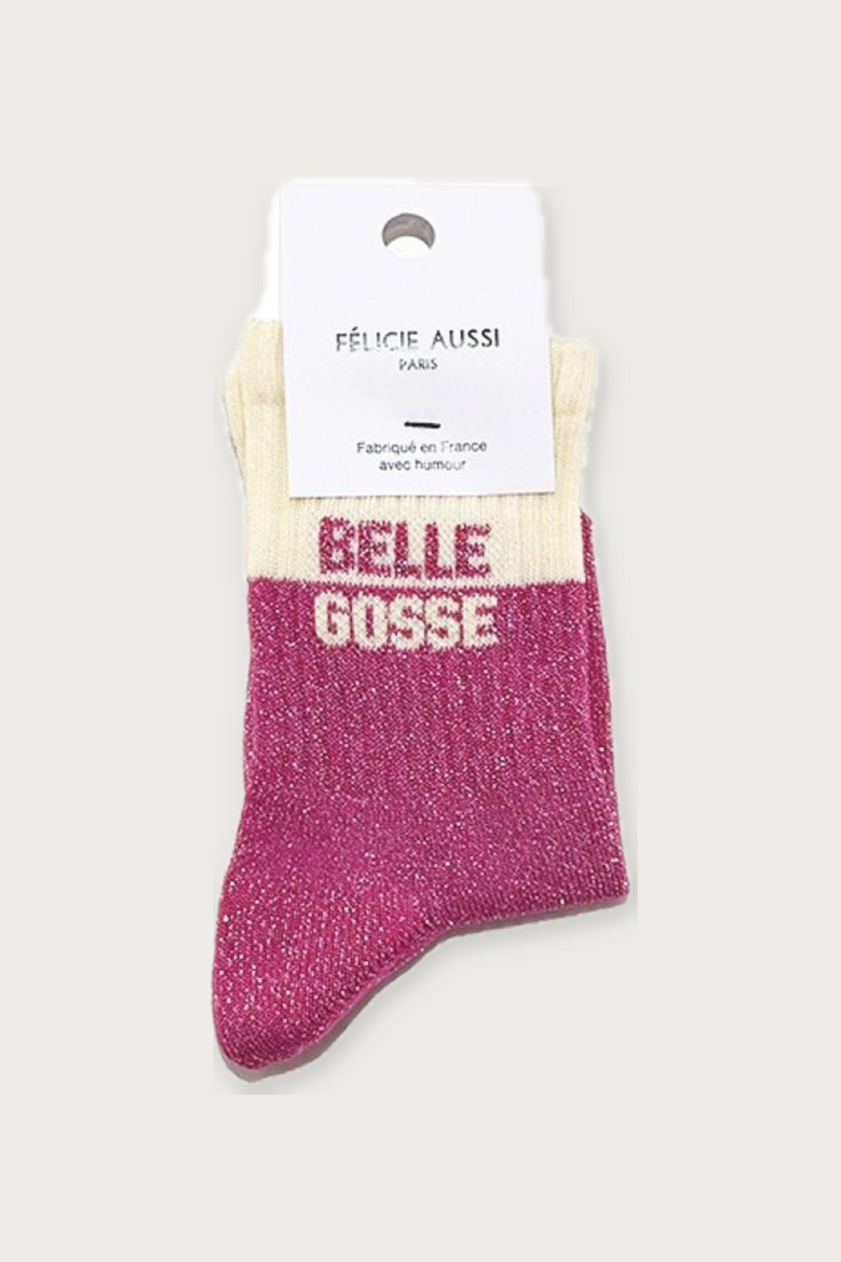 Chaussettes enfant « Belle gosse » pailletées — Bicolore beige et rose pailleté — Félicie Aussi | Appart 17 Bruxelles