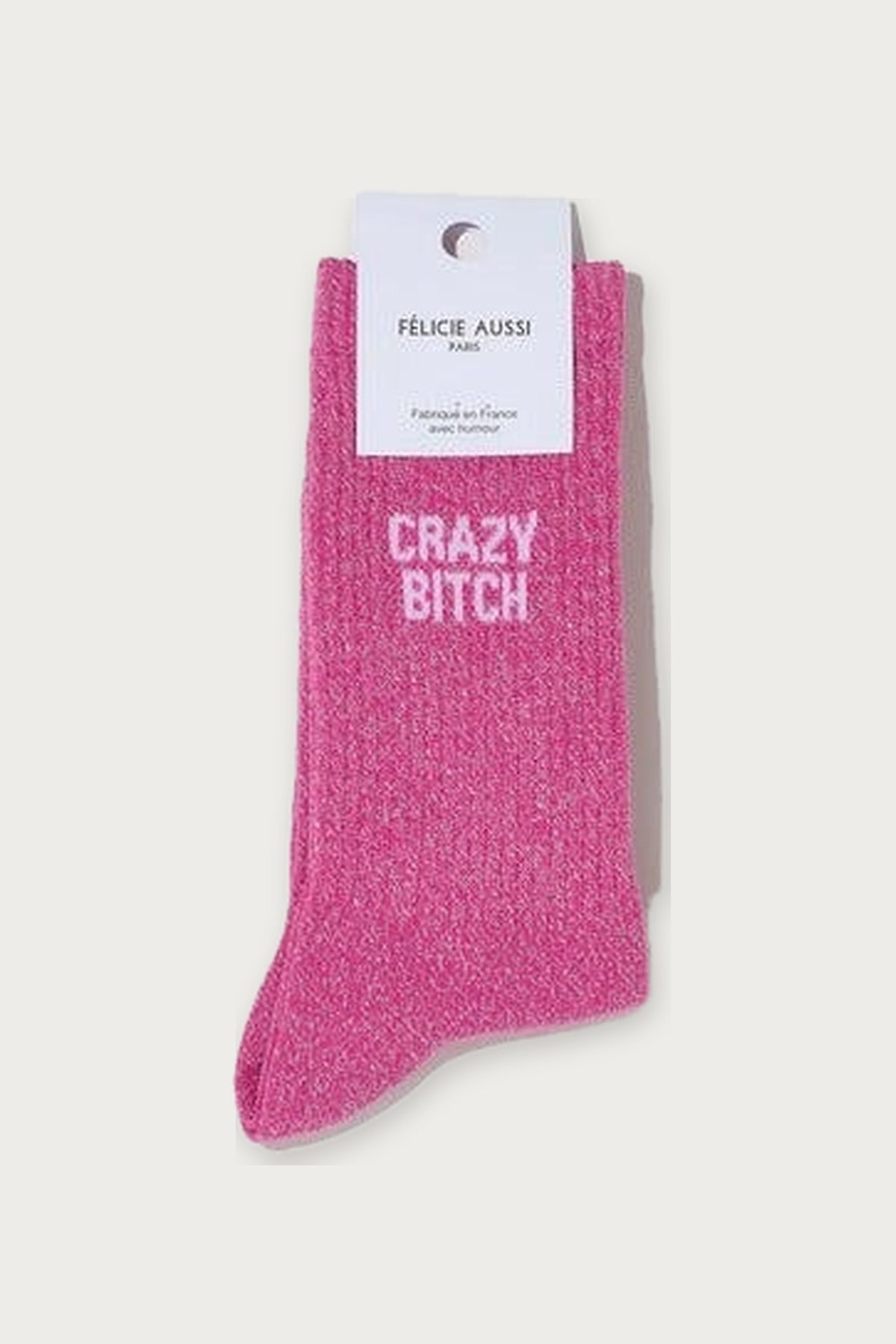 Chaussettes « Crazy Bitch » pailletées — Fuchsia pailleté 36/40 — Félicie Aussi | Appart 17 Bruxelles