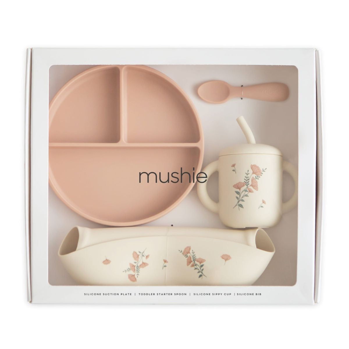 Coffret repas bébé en silicone — Mushie — Pink Flowers — packshot | Appart 17 Bruxelles