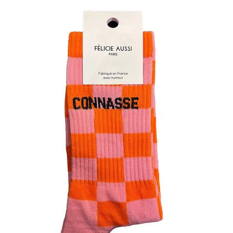Chaussettes « Connasse » — Félicie Aussi — Damier rose — photo produit | Appart 17 Bruxelles