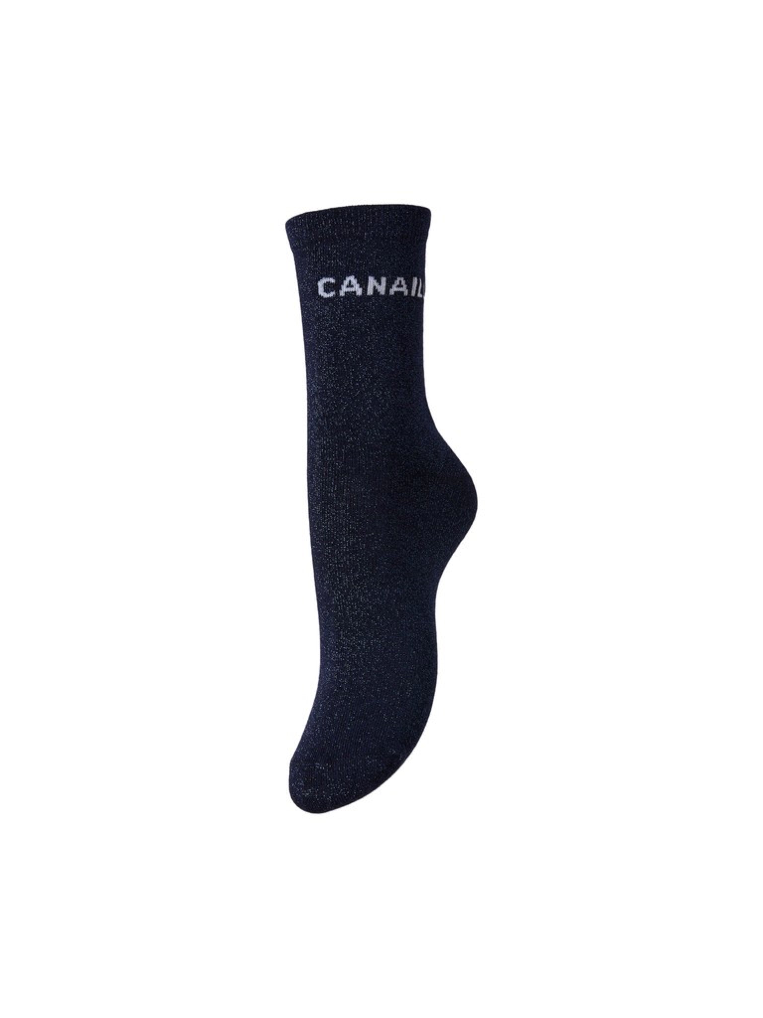PCSEBBY Chaussettes longues pailletées à slogan — Pieces — Maritime Blue CANAILLE — packshot | Appart 17 Bruxelles