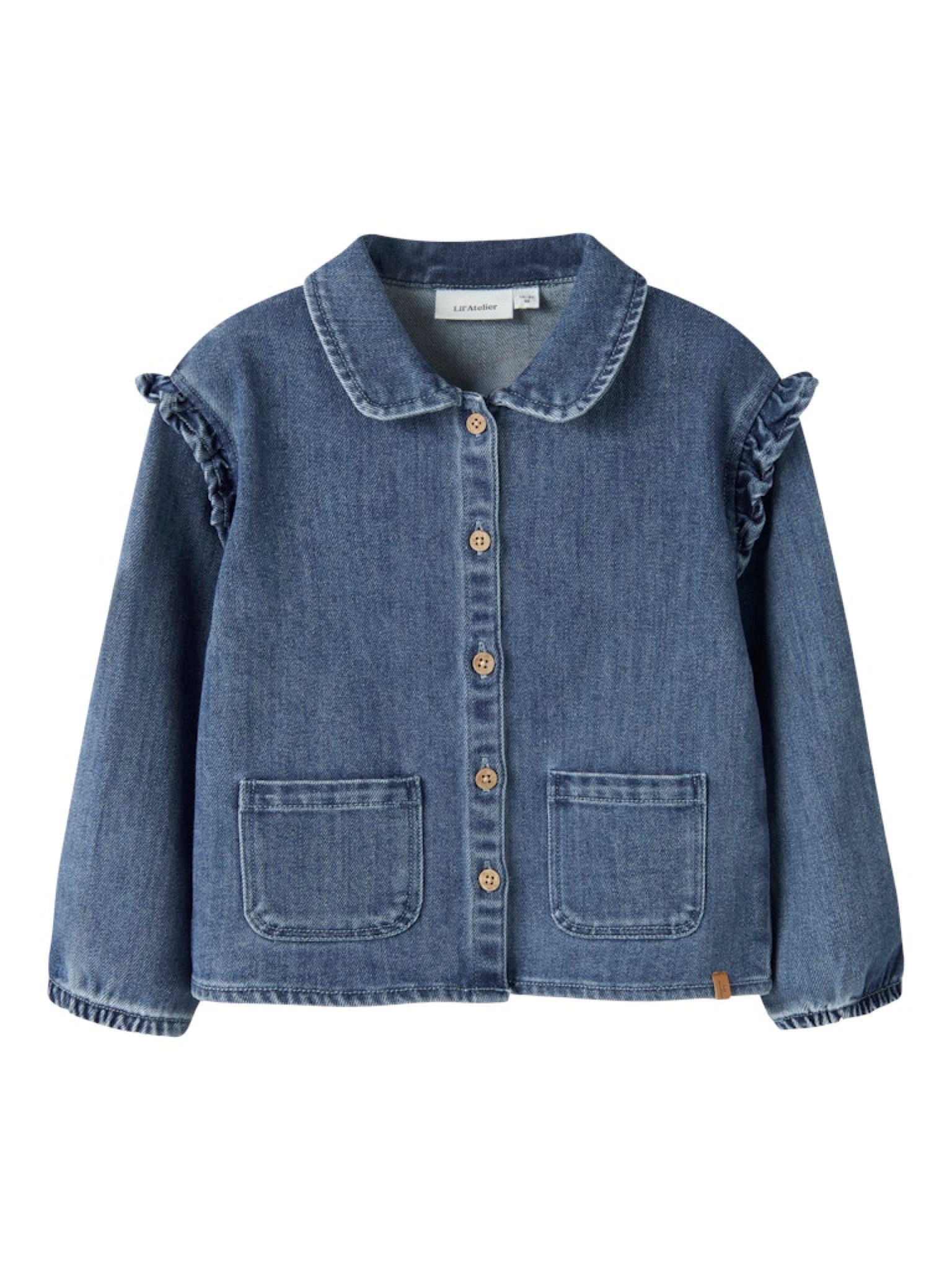 NMFOBELLO Surchemise en jean à volants fille — Lil' Atelier — Dark Blue Denim — vue de face | Appart 17 Bruxelles