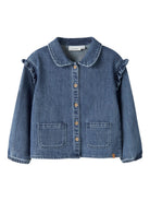NMFOBELLO Surchemise en jean à volants fille — Lil' Atelier — Dark Blue Denim — vue de face | Appart 17 Bruxelles