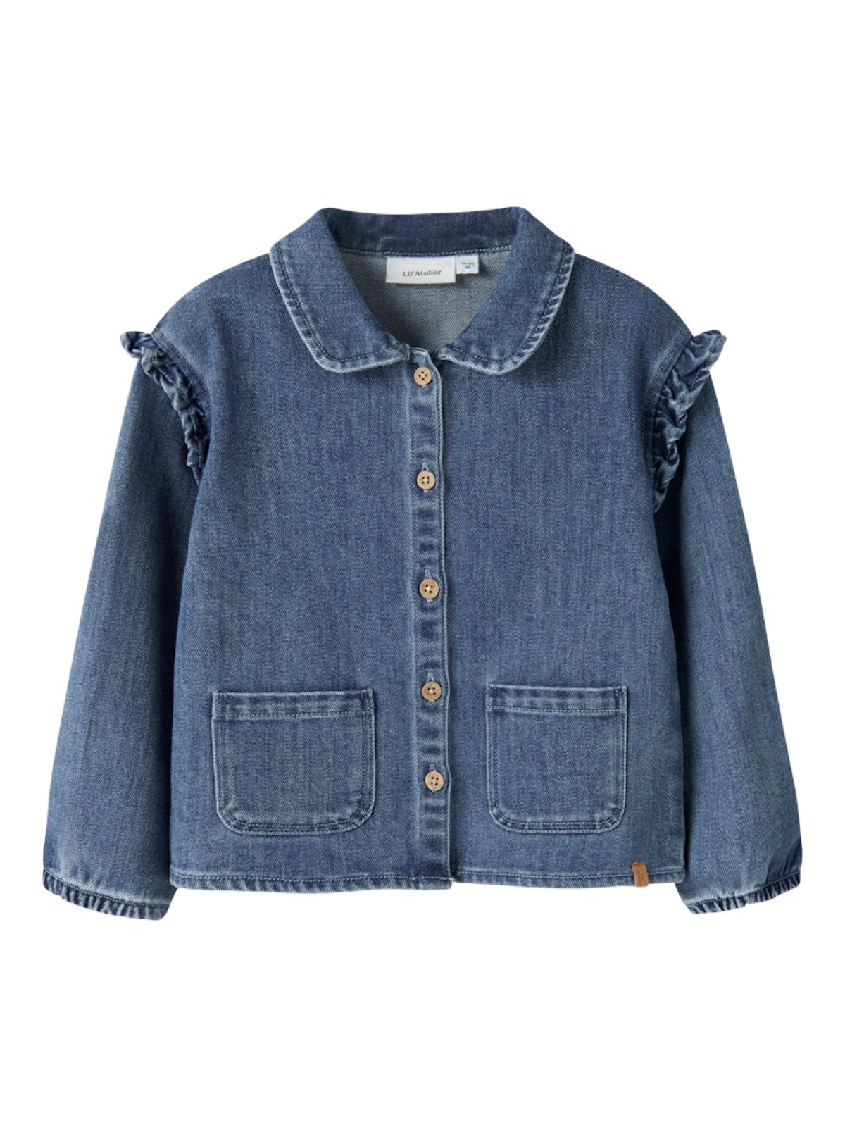 NMFOBELLO Surchemise en jean à volants fille — Lil' Atelier — Dark Blue Denim — vue de face | Appart 17 Bruxelles