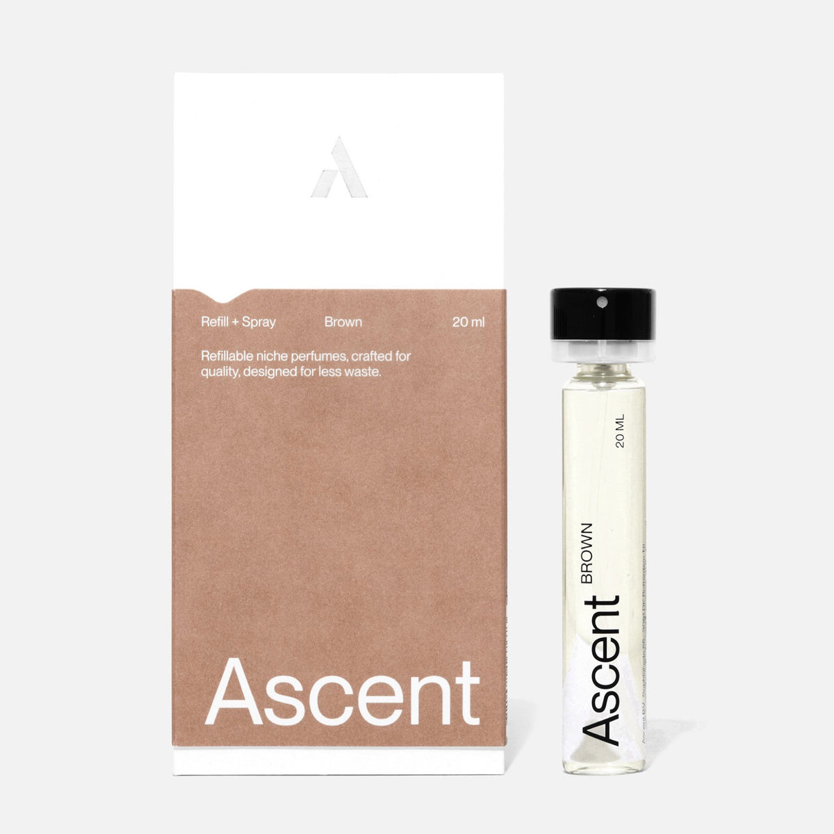 Ascent Refill Extrait de parfum rechargeable 20 ml — Ascent — Brown — packshot, coffret et recharge 2 | Appart 17 Bruxelles
