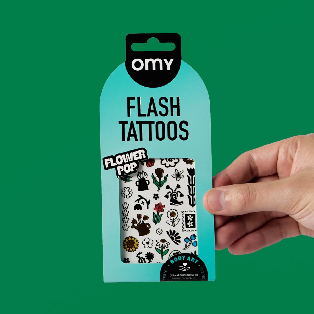 Flash Tattoos, planche de mini tatouages temporaires — OMY — Flower Pop — packshot | Appart 17 Bruxelles