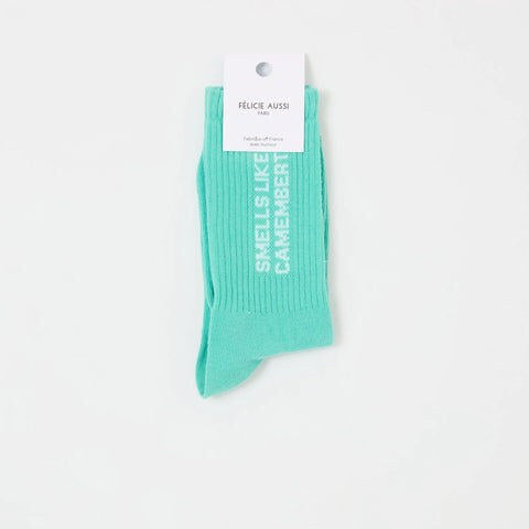 Chaussettes « Smells like camembert » — Félicie Aussi — Bleu cyan — photo produit | Appart 17 Bruxelles
