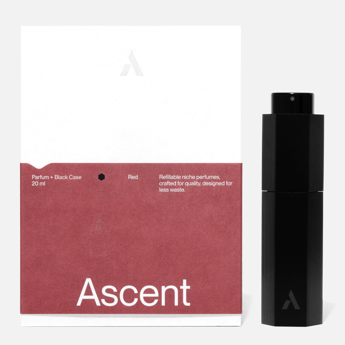 Ascent Starter Pack Étui rechargeable en aluminium + extrait de parfum 20 ml — Ascent — Red — packshot, coffret et étui noir 3 | Appart 17 Bruxelles