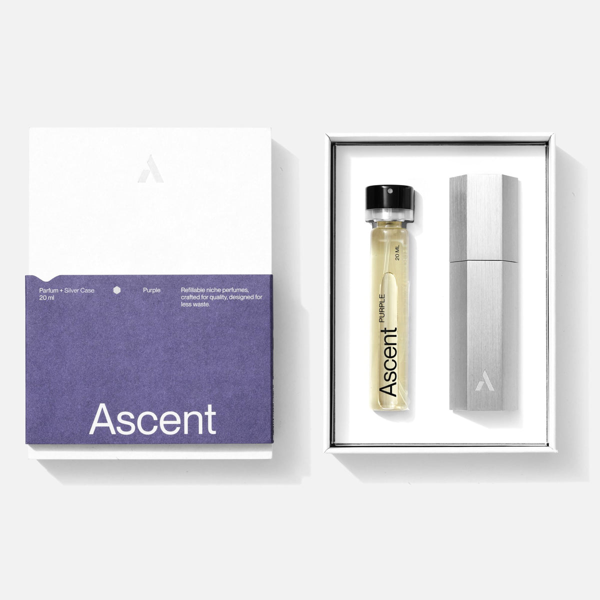 Ascent Starter Pack Étui rechargeable en aluminium + extrait de parfum 20 ml — Ascent — Purple — packshot, coffret ouvert, étui argent 3 | Appart 17 Bruxelles