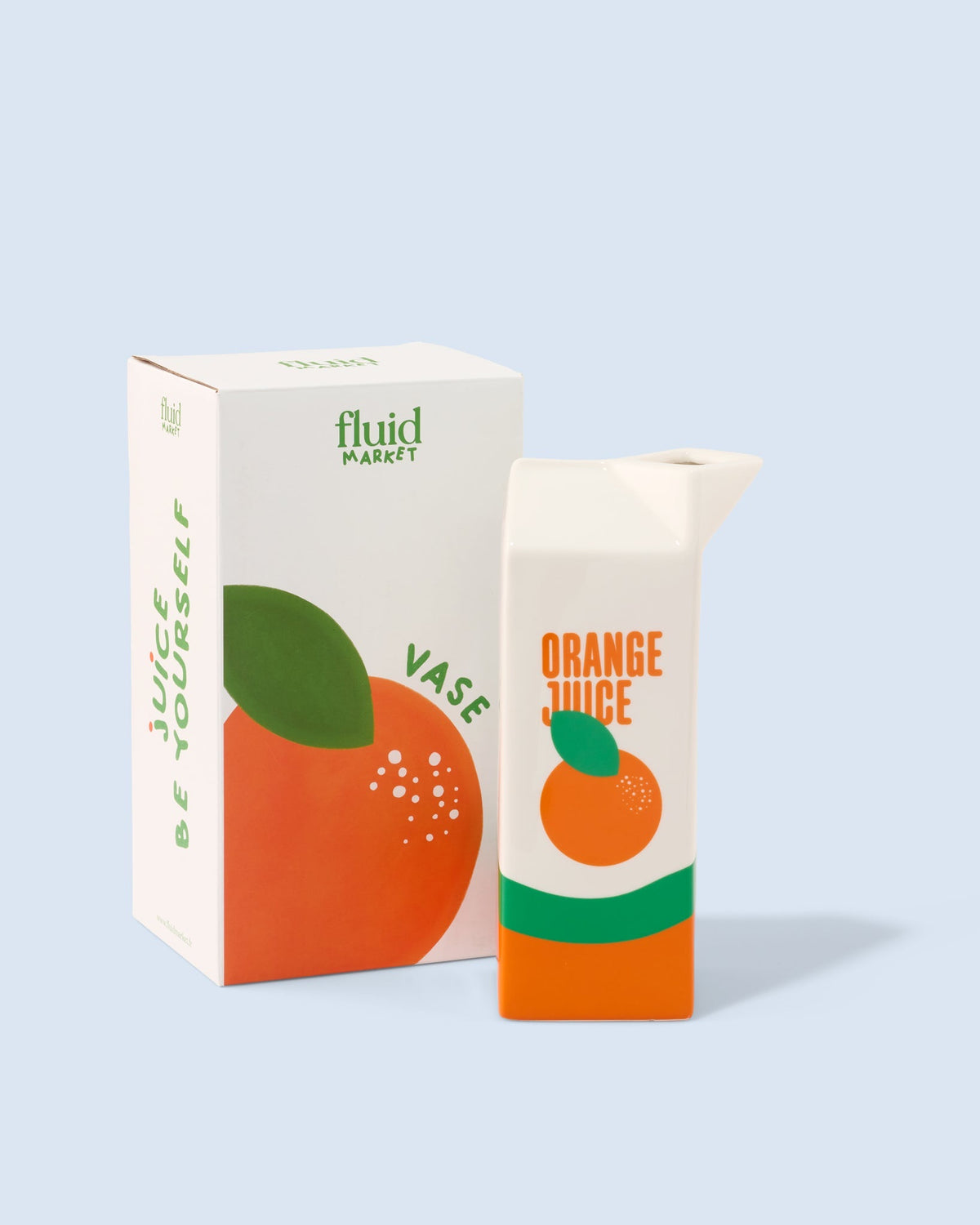 Fluid Market Vase Orange Juice brique de jus en céramique — Fluid Market — Blanc & orange — packshot, coffret 3 | Appart 17 Bruxelles
