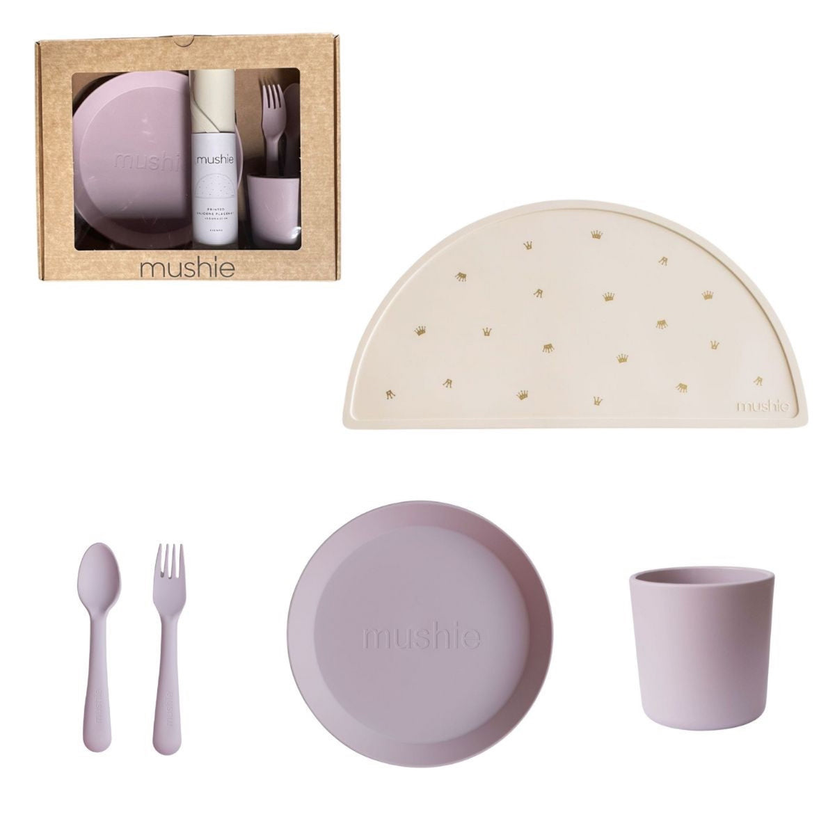 Coffret vaisselle enfant Round — Mushie — Soft Lilac — mise en situation 2 | Appart 17 Bruxelles
