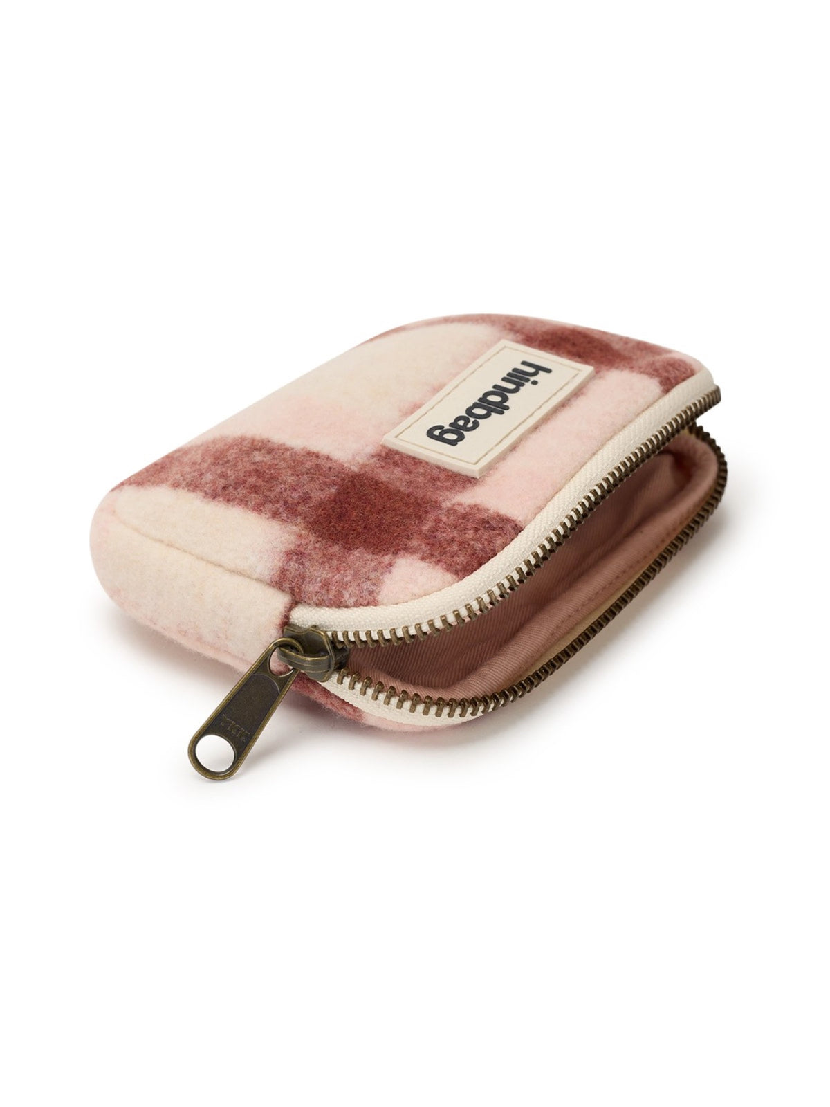 Hindbag Lili Porte-monnaie zippé, velours, tartan ou effet laine — Hindbag — Tartan rose — détail de la fermeture 3 | Appart 17 Bruxelles