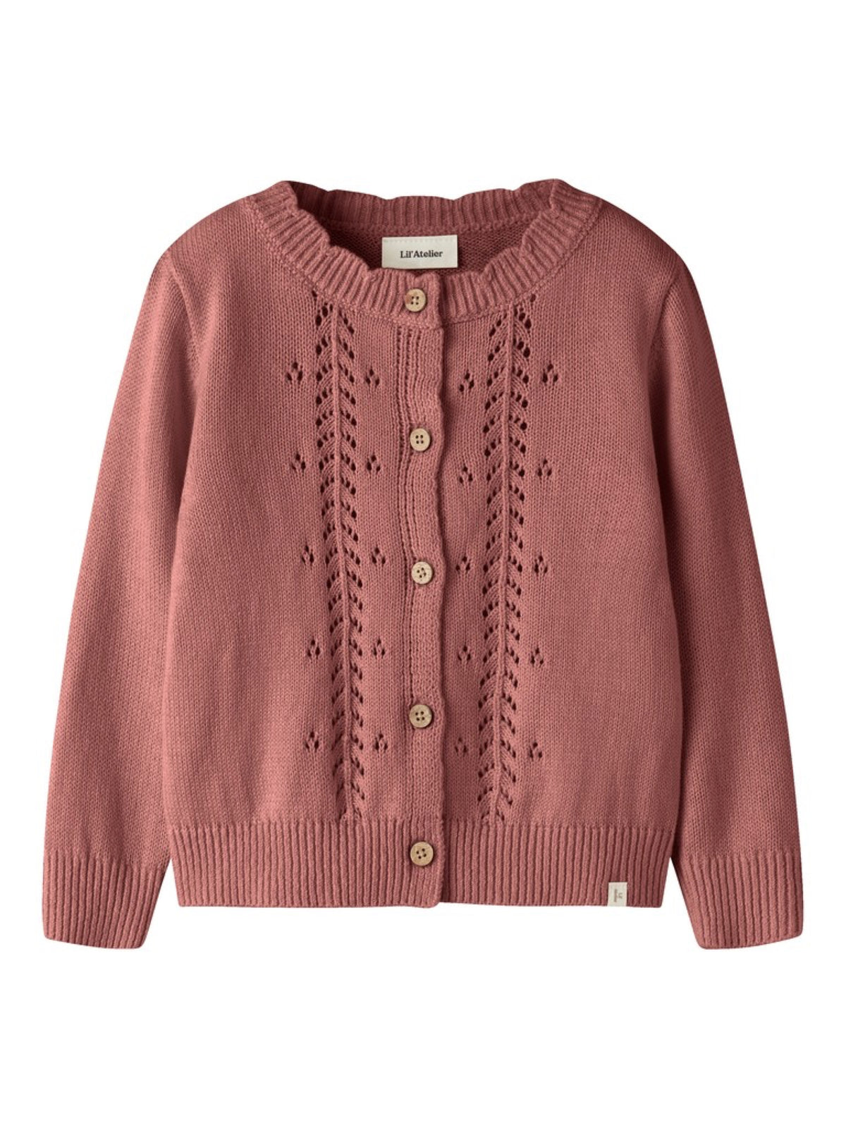 NMFOPLEA Gilet en maille ajourée fille — Lil' Atelier — Withered Rose — vue de face | Appart 17 Bruxelles