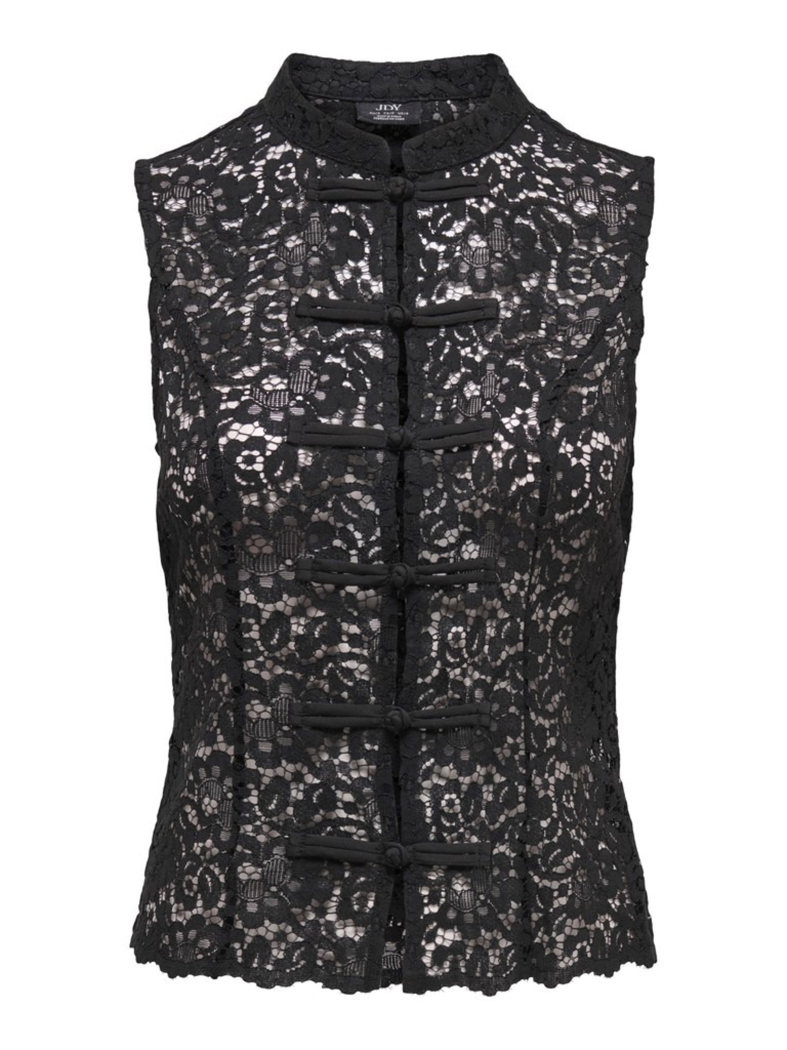 JDYISOLDE Top sans manches en dentelle à col mao et brandebourgs — JDY — Black — packshot, de face | Appart 17 Bruxelles