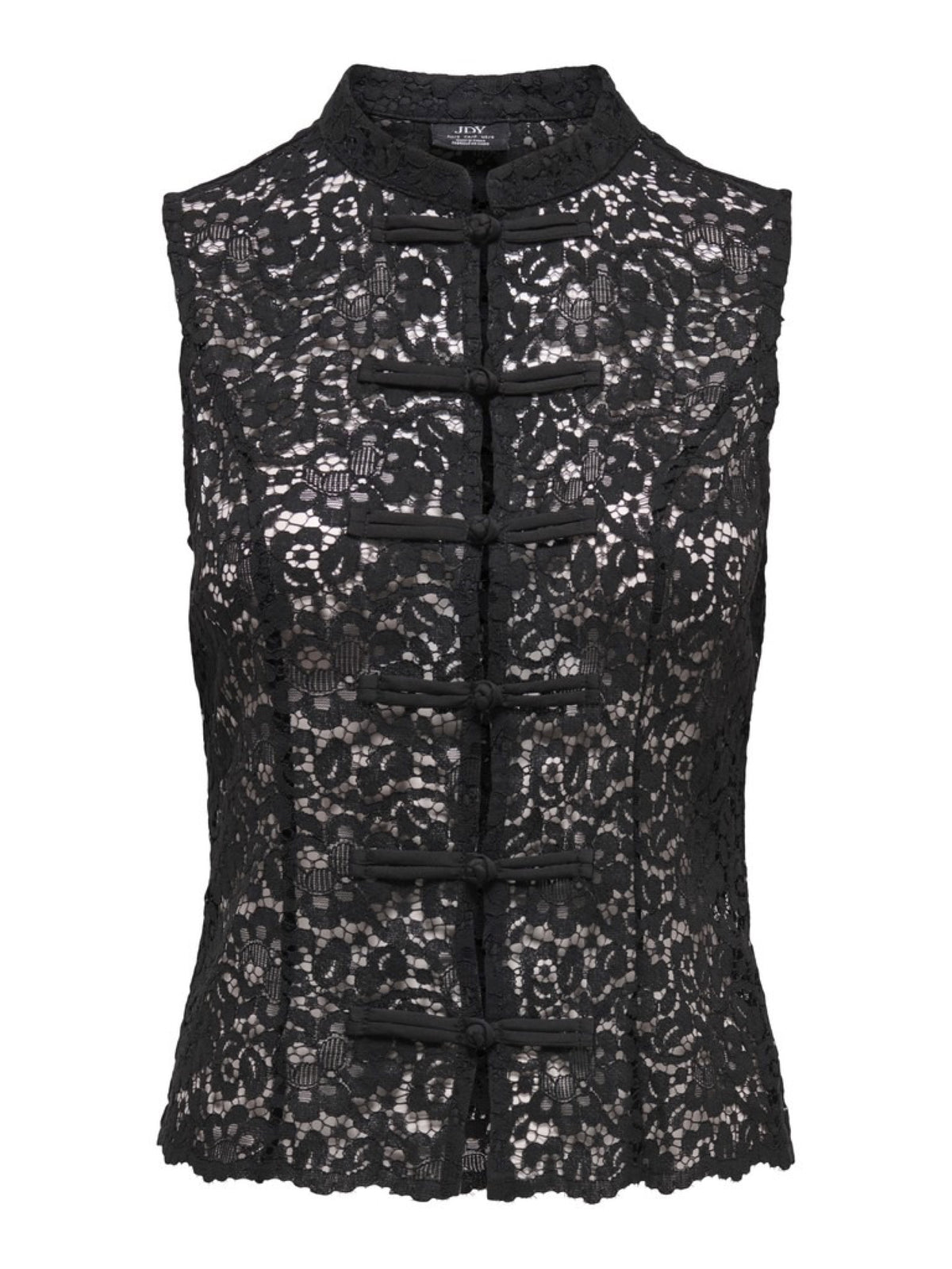 JDYISOLDE Top sans manches en dentelle à col mao et brandebourgs — JDY — Black — packshot, de face | Appart 17 Bruxelles