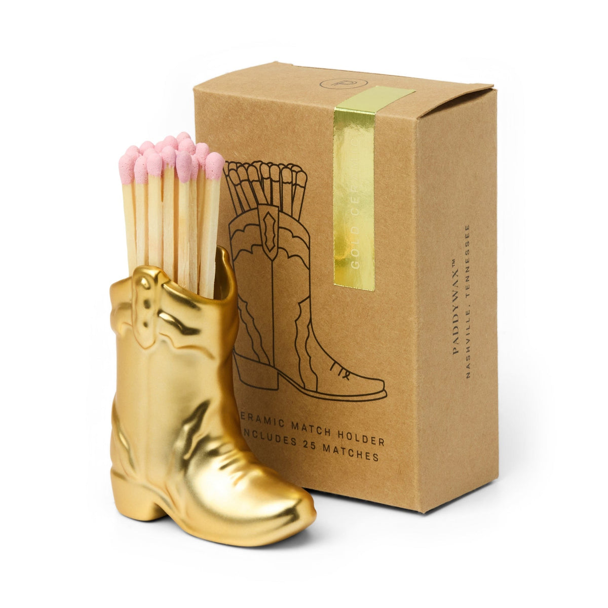 Paddywax Nashville Botte de cowboy en céramique porte-allumettes + 25 allumettes — Paddywax — Doré — packshot | Appart 17 Bruxelles