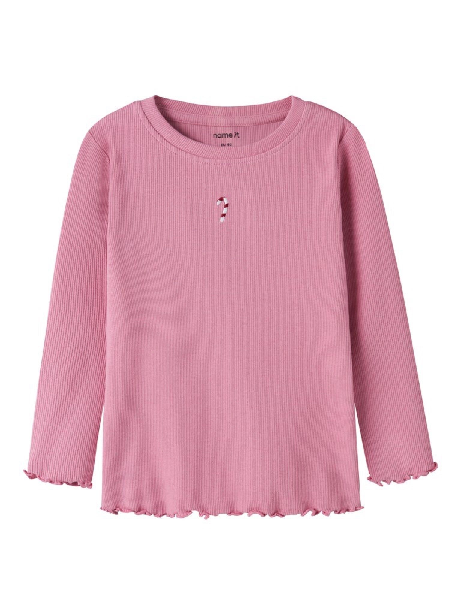NMFVIVEMMAS T-shirt côtelé brodé de Noël fille — name it — Wild Rose Candy Cane — vue de face | Appart 17 Bruxelles