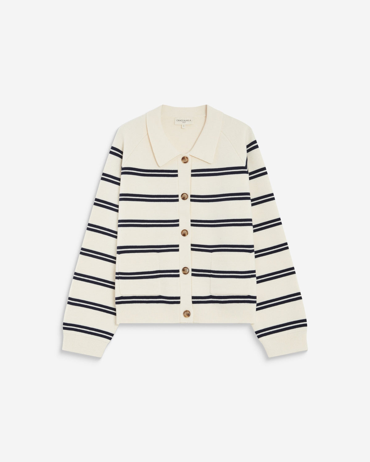 Ardenis Cardigan rayé col chemise en maille Milano — Grace & Mila — Écru — packshot 7 | Appart 17 Bruxelles