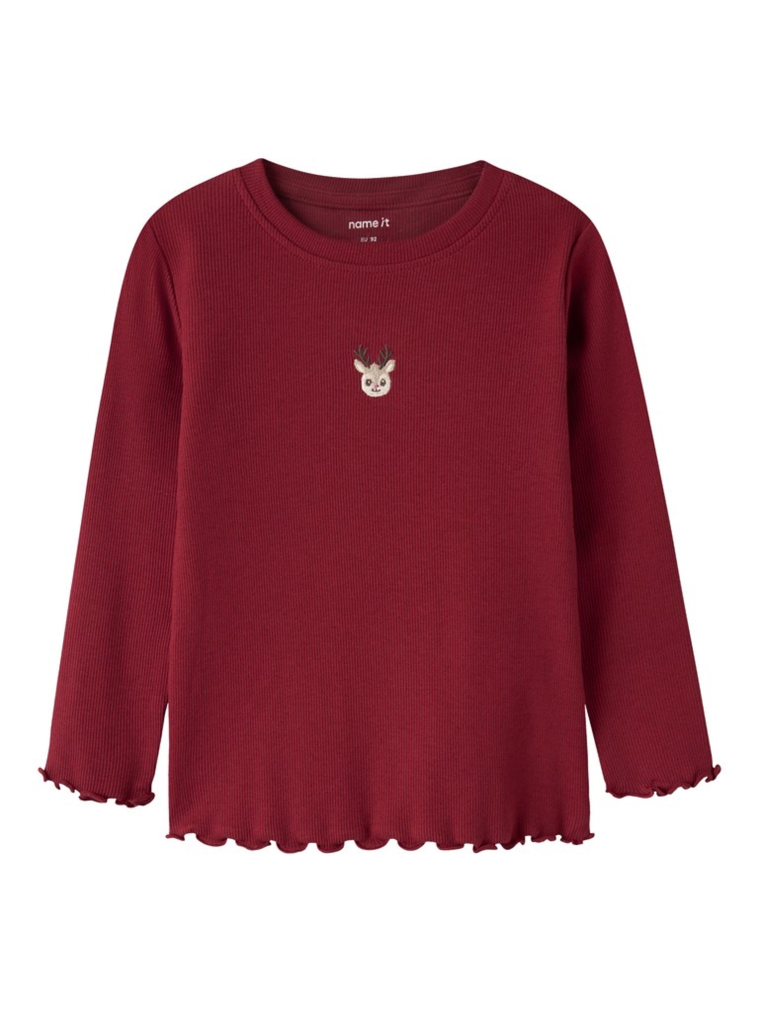 NMFVIVEMMAS T-shirt côtelé brodé de Noël fille — name it — Red Dahlia Reindeer — vue de face | Appart 17 Bruxelles