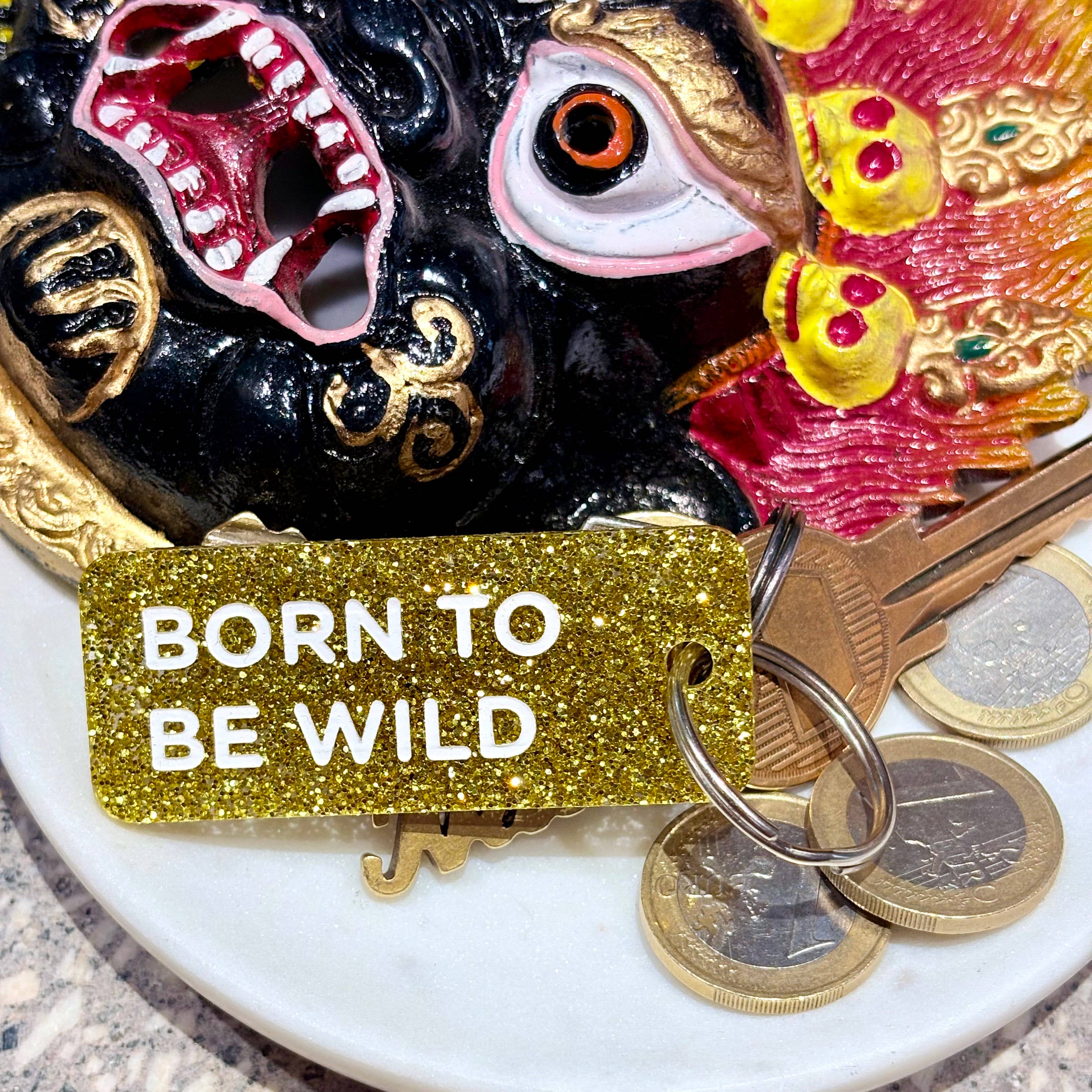BORN TO BE WILD Porte-clés à paillettes Plus de Love: Noir