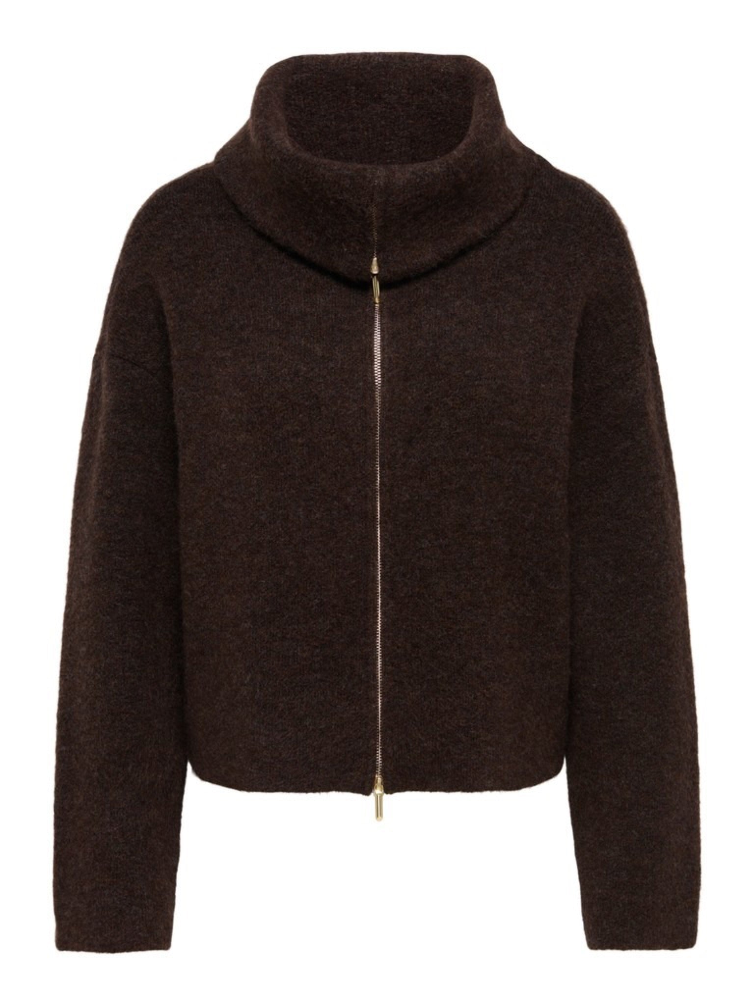 JDYZELINA Cardigan à double zip et col montant, manches longues — JDY — Chocolate Torte — packshot, de face | Appart 17 Bruxelles