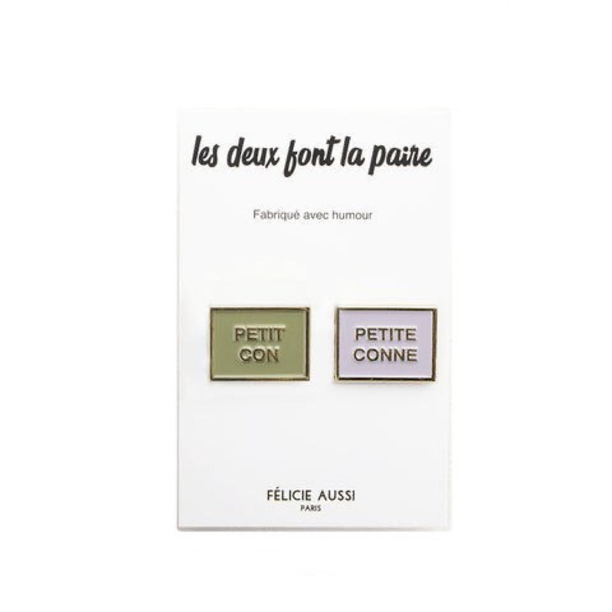 Félicie Aussi Duo de pin's « Petit con & petite conne » — Felicie Aussi — Kaki et lilas — photo produit | Appart 17 Bruxelles