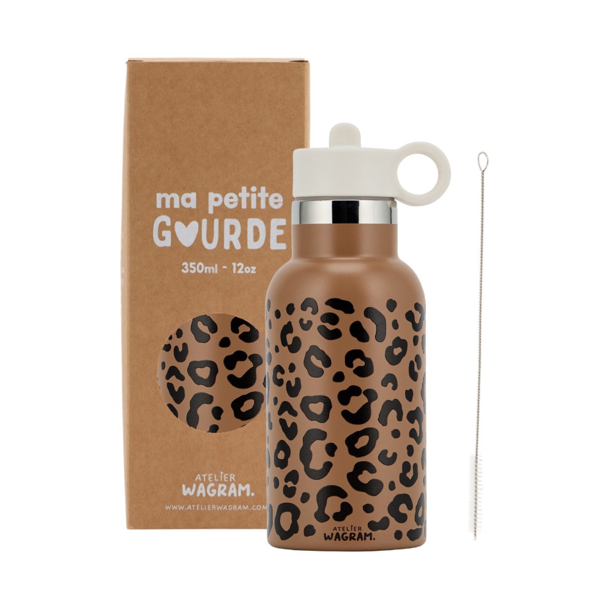 Gourde isotherme enfant 350 ml — Atelier Wagram — Caramel léopard — packshot | Appart 17 Bruxelles