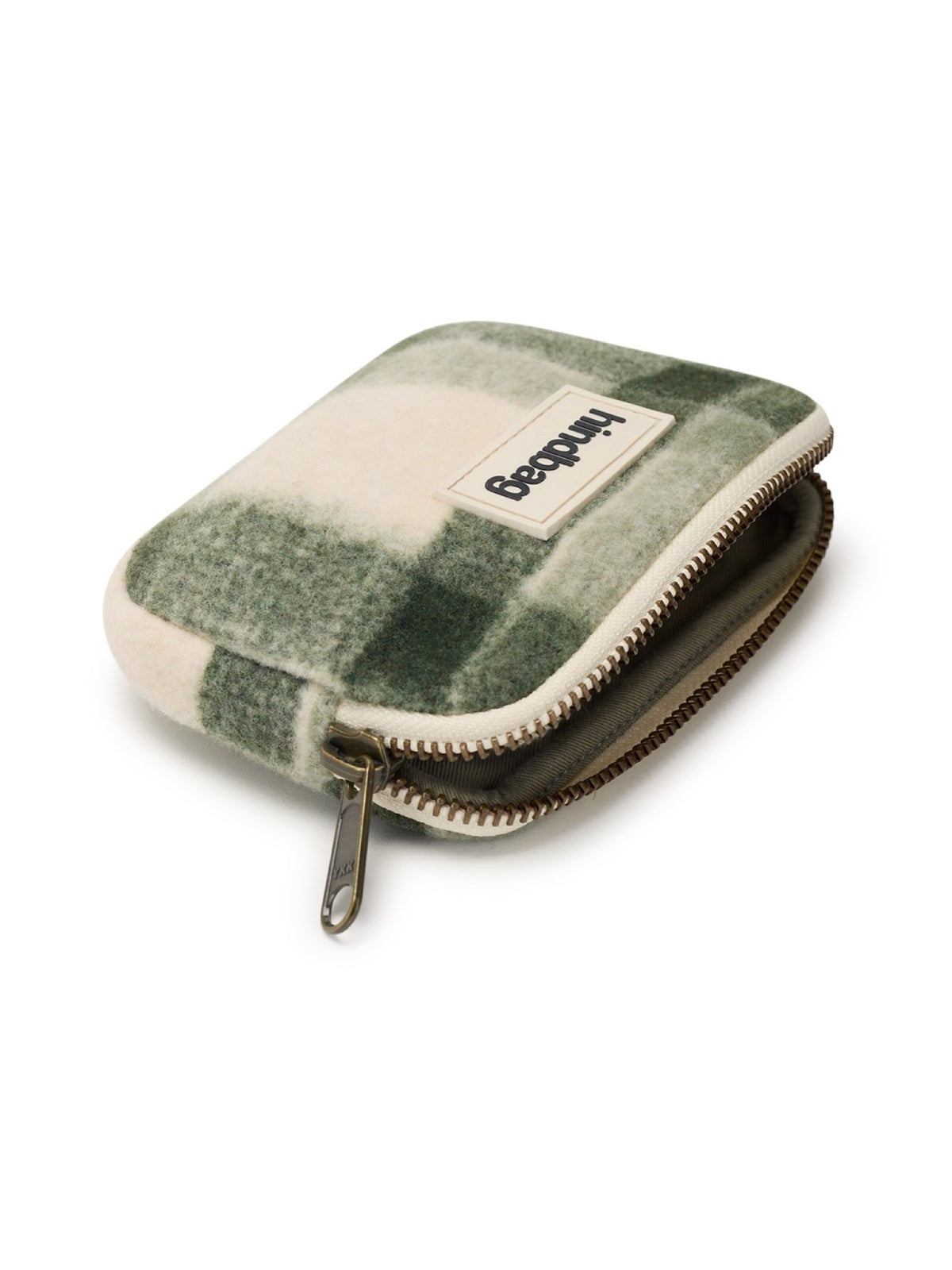 Hindbag Lili Porte-monnaie zippé, velours, tartan ou effet laine — Hindbag — Tartan vert — détail de la fermeture 3 | Appart 17 Bruxelles
