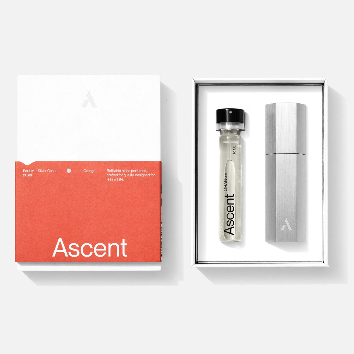 Ascent Starter Pack Étui rechargeable en aluminium + extrait de parfum 20 ml — Ascent — Orange — packshot, coffret ouvert, étui argent 2 | Appart 17 Bruxelles