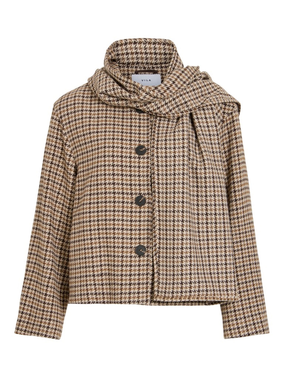VISOLISA Veste courte à carreaux avec écharpe intégrée — VILA — Coffee Bean Check — packshot | Appart 17 Bruxelles