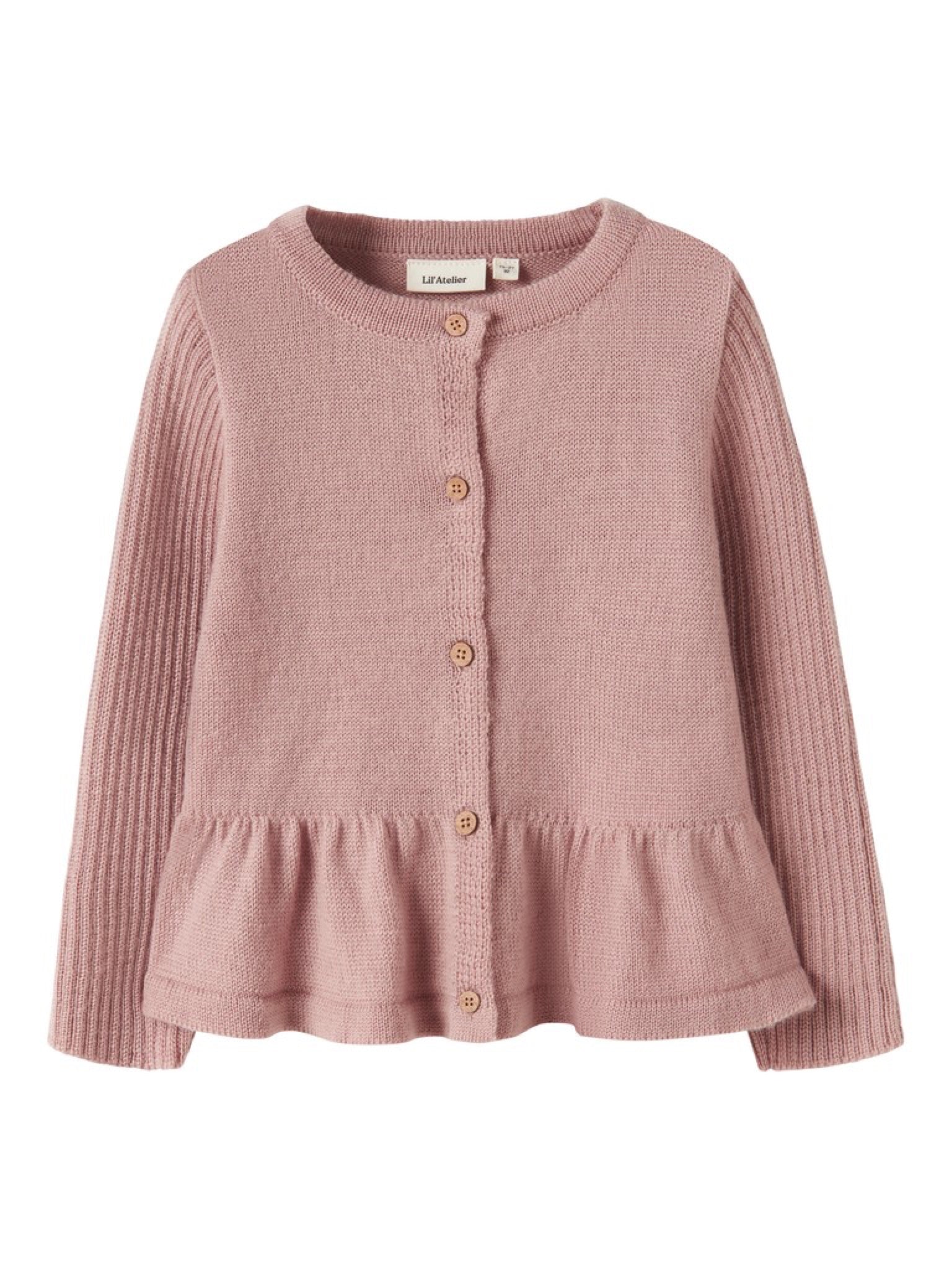 NMFNOMO Gilet en laine mérinos à basque fille — Lil' Atelier — Fawn — vue de face | Appart 17 Bruxelles