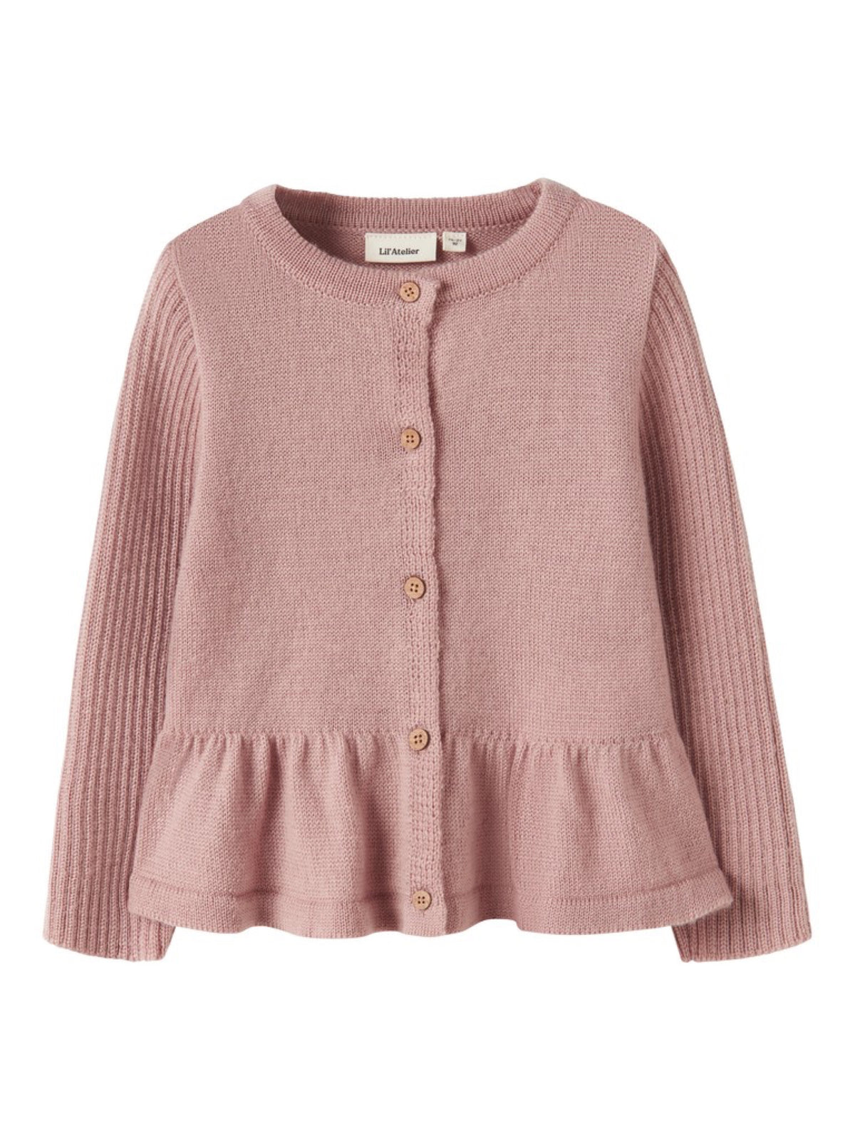 NMFNOMO Gilet en laine mérinos à basque fille — Lil' Atelier — Fawn — vue de face | Appart 17 Bruxelles