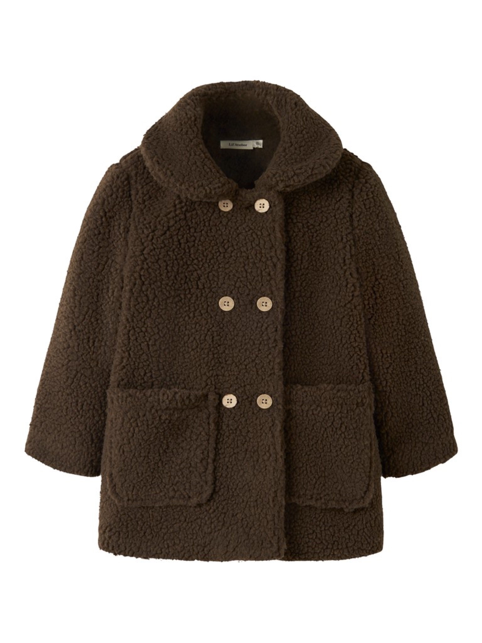 NMFNALO Manteau long en teddy fille — Lil' Atelier — Dark Earth — vue de face | Appart 17 Bruxelles