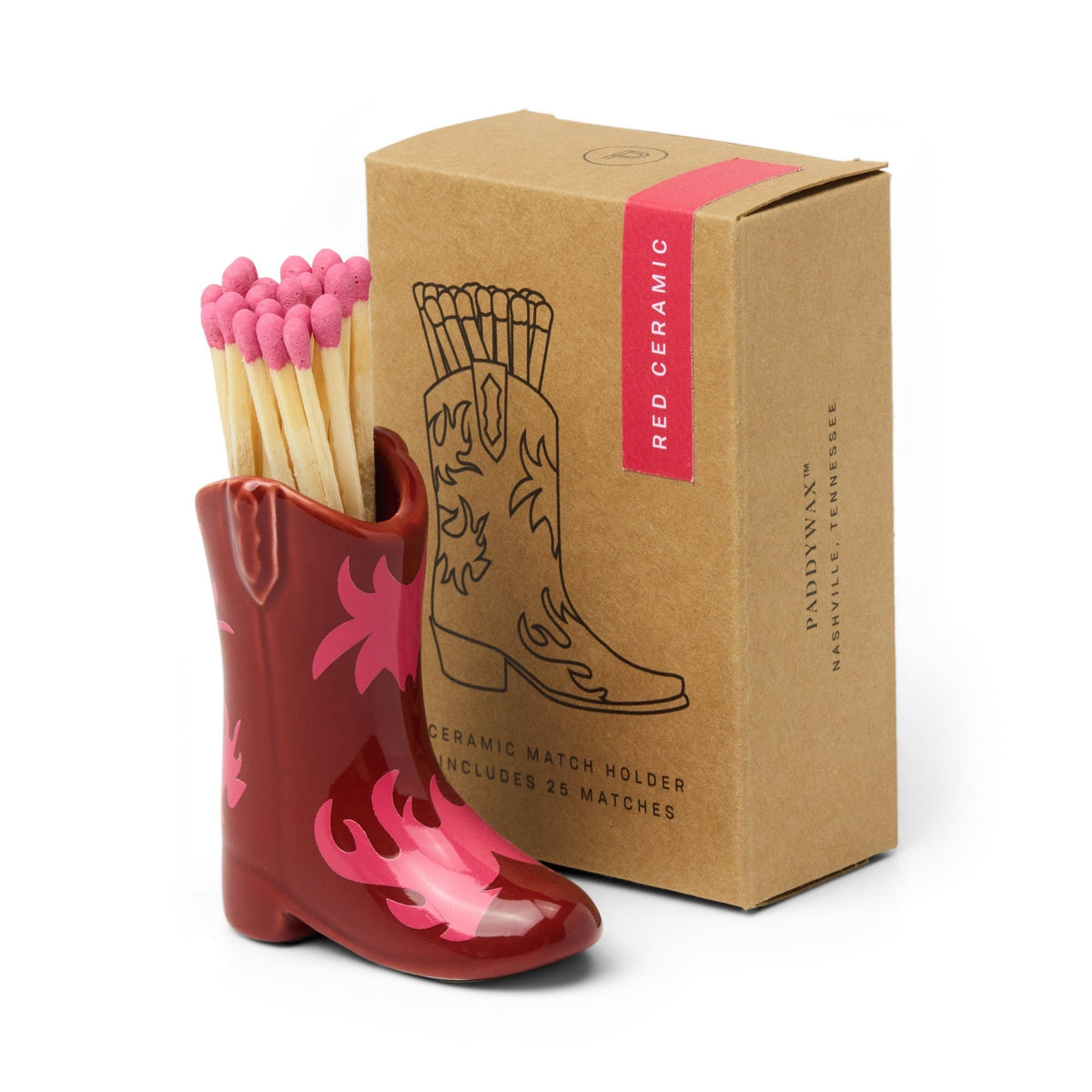 Paddywax Nashville Botte de cowboy en céramique porte-allumettes + 25 allumettes — Paddywax — Rouge & rose — packshot | Appart 17 Bruxelles