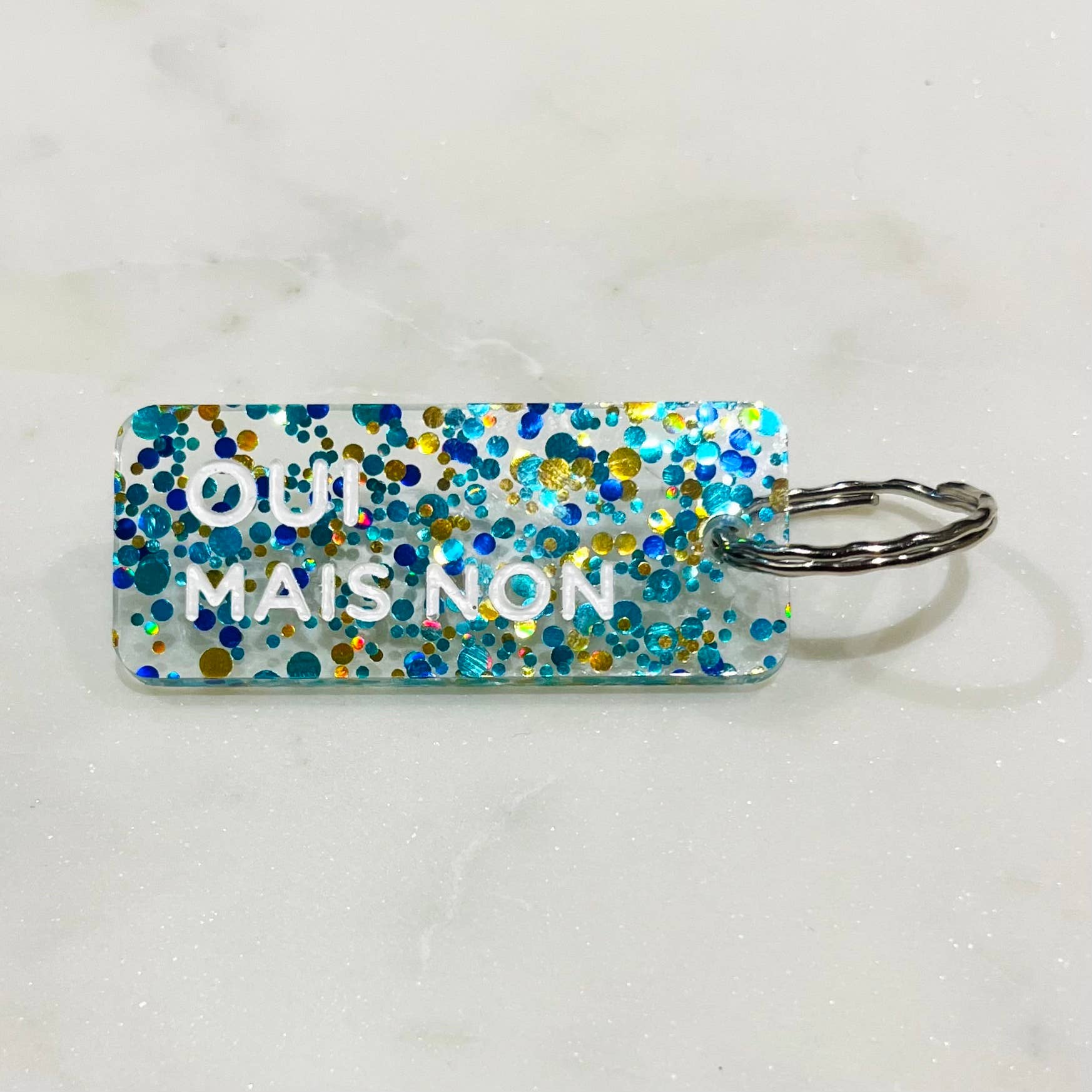 OUI MAIS NON Porte-clés à paillettes Plus de Love: Bleu / Or / Vert