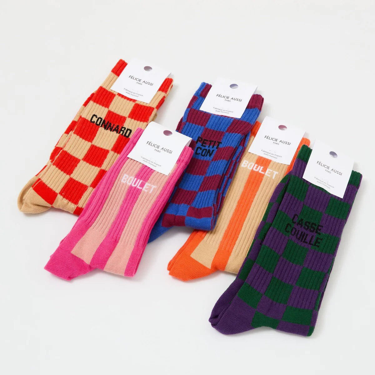 Chaussettes « Petit con » — Félicie Aussi — Damier bordeaux et bleu — vue 2 | Appart 17 Bruxelles