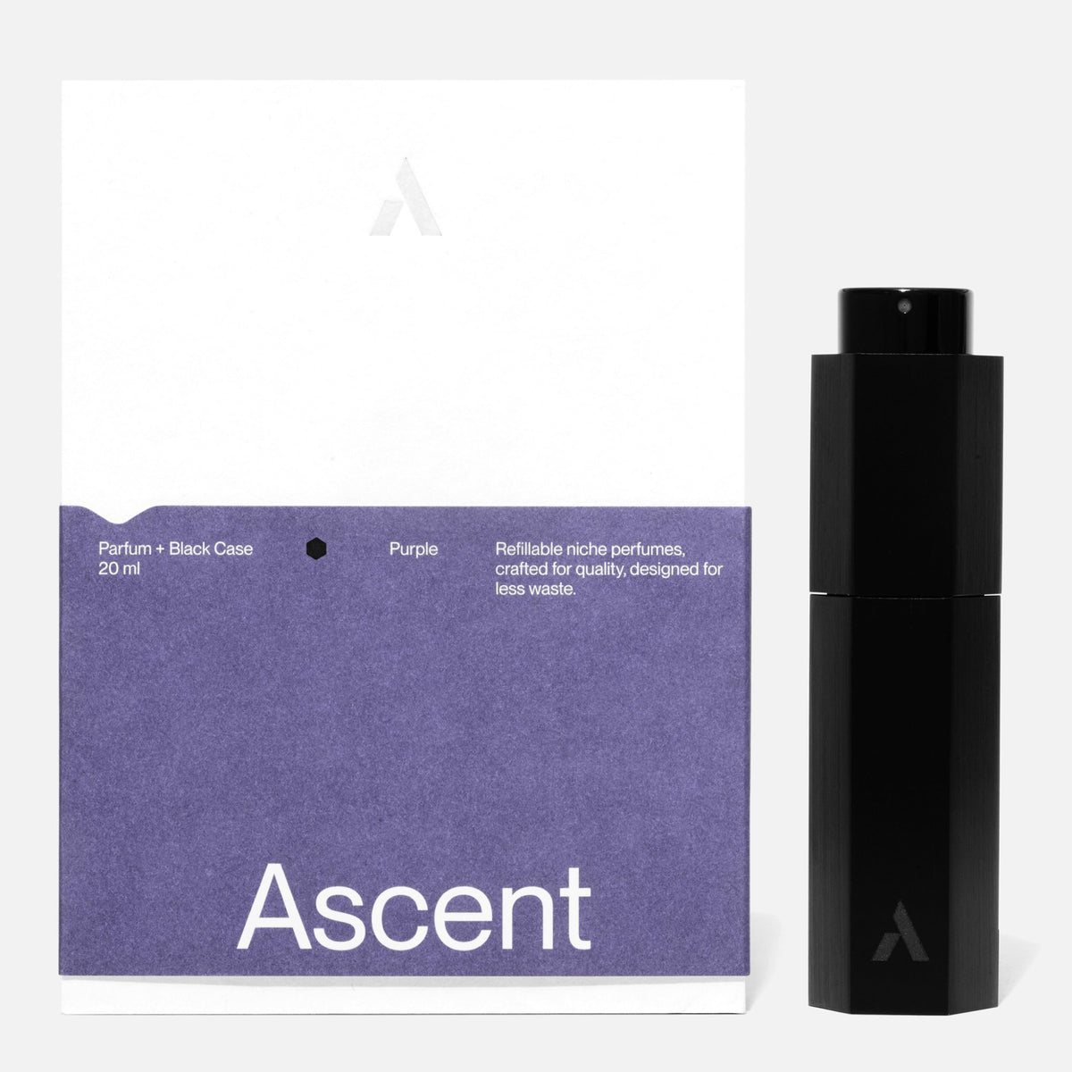 Ascent Starter Pack Étui rechargeable en aluminium + extrait de parfum 20 ml — Ascent — Purple — packshot, coffret et étui noir 4 | Appart 17 Bruxelles