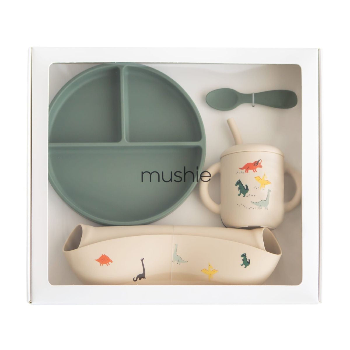 Coffret repas bébé en silicone — Mushie — Dino — packshot | Appart 17 Bruxelles