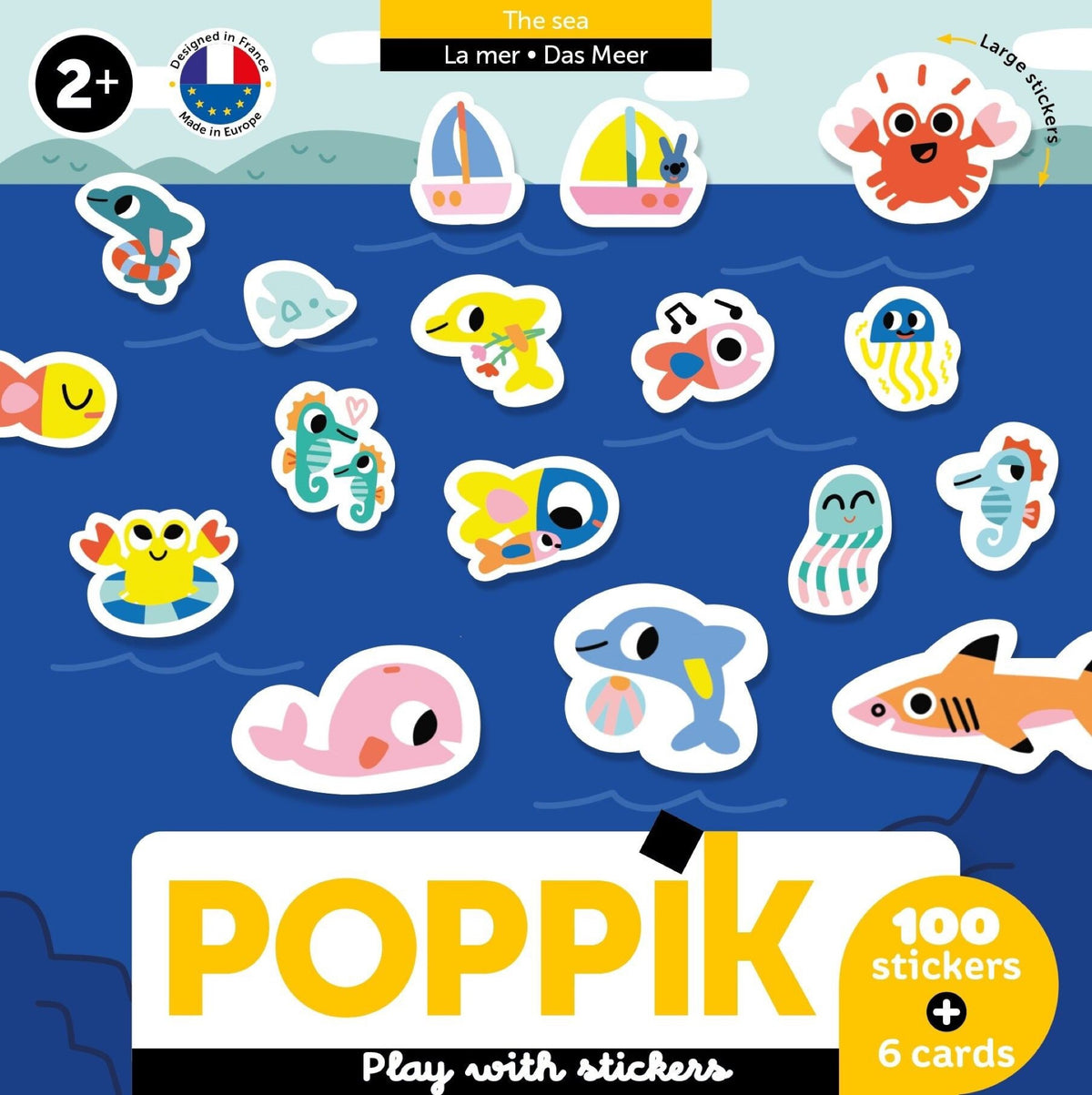 Premiers stickers dès 2 ans, 6 cartes + 100 stickers — Poppik — Animaux de la mer — packshot | Appart 17 Bruxelles