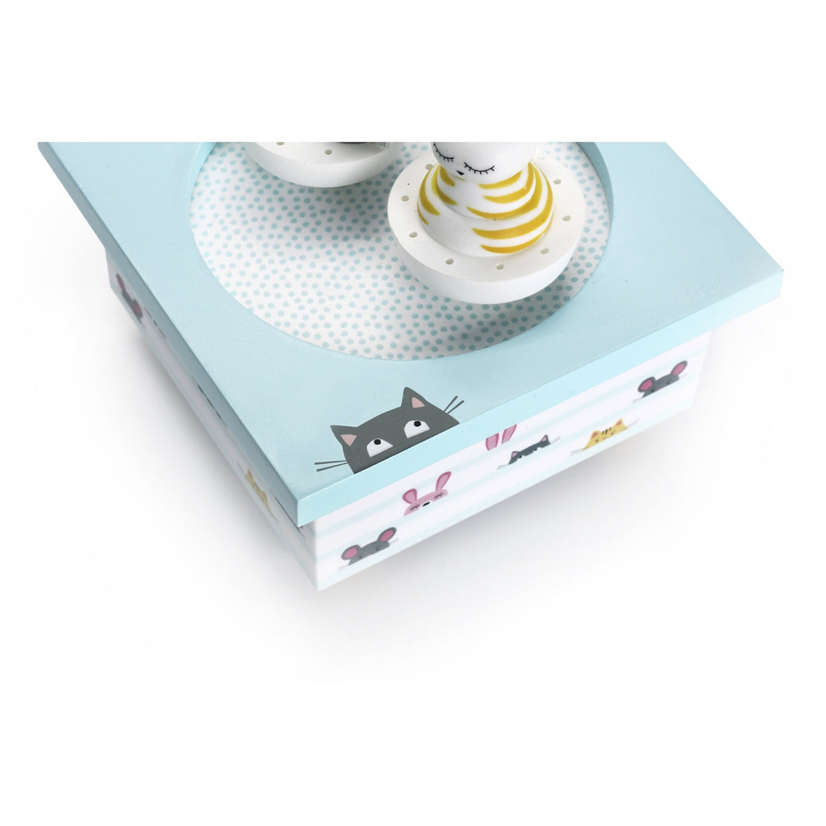 Boîte à musique Dancing Chat & Souris en bois — Trousselier — Chat & Souris — détail du décor et du coin illustré d'un chat 5 | Appart 17 Bruxelles