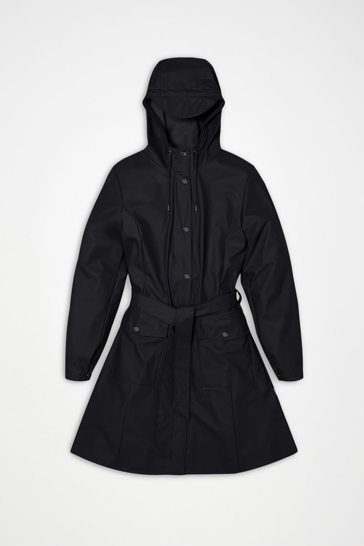 Curve Long Jacket W3 Imperméable long légèrement cintré à capuche — Rains — Black — packshot | Appart 17 Bruxelles