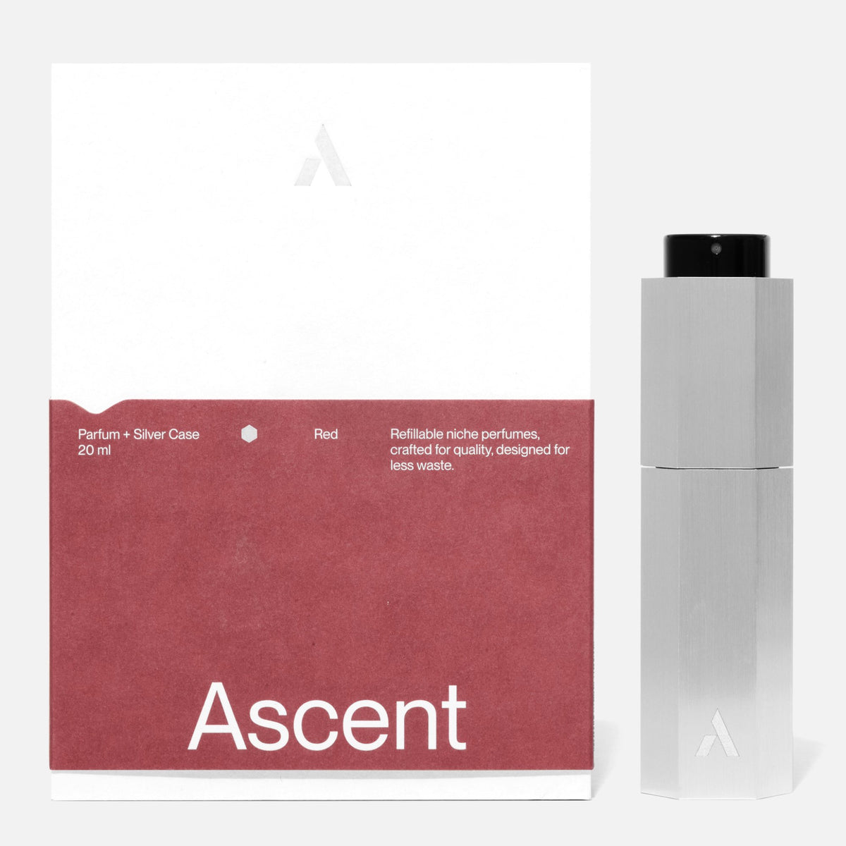 Ascent Starter Pack Étui rechargeable en aluminium + extrait de parfum 20 ml — Ascent — Red — packshot, coffret et étui argent 4 | Appart 17 Bruxelles