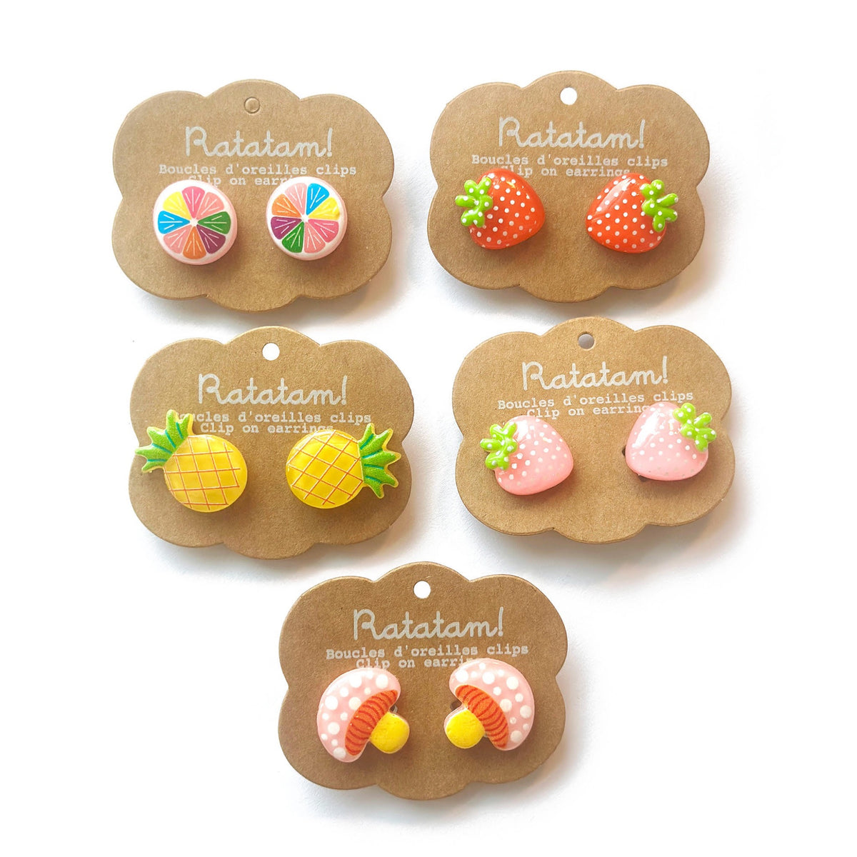 Boucles d'oreilles clip enfant, pack de 5 paires — Ratatam Kids — Fruits — packshot | Appart 17 Bruxelles