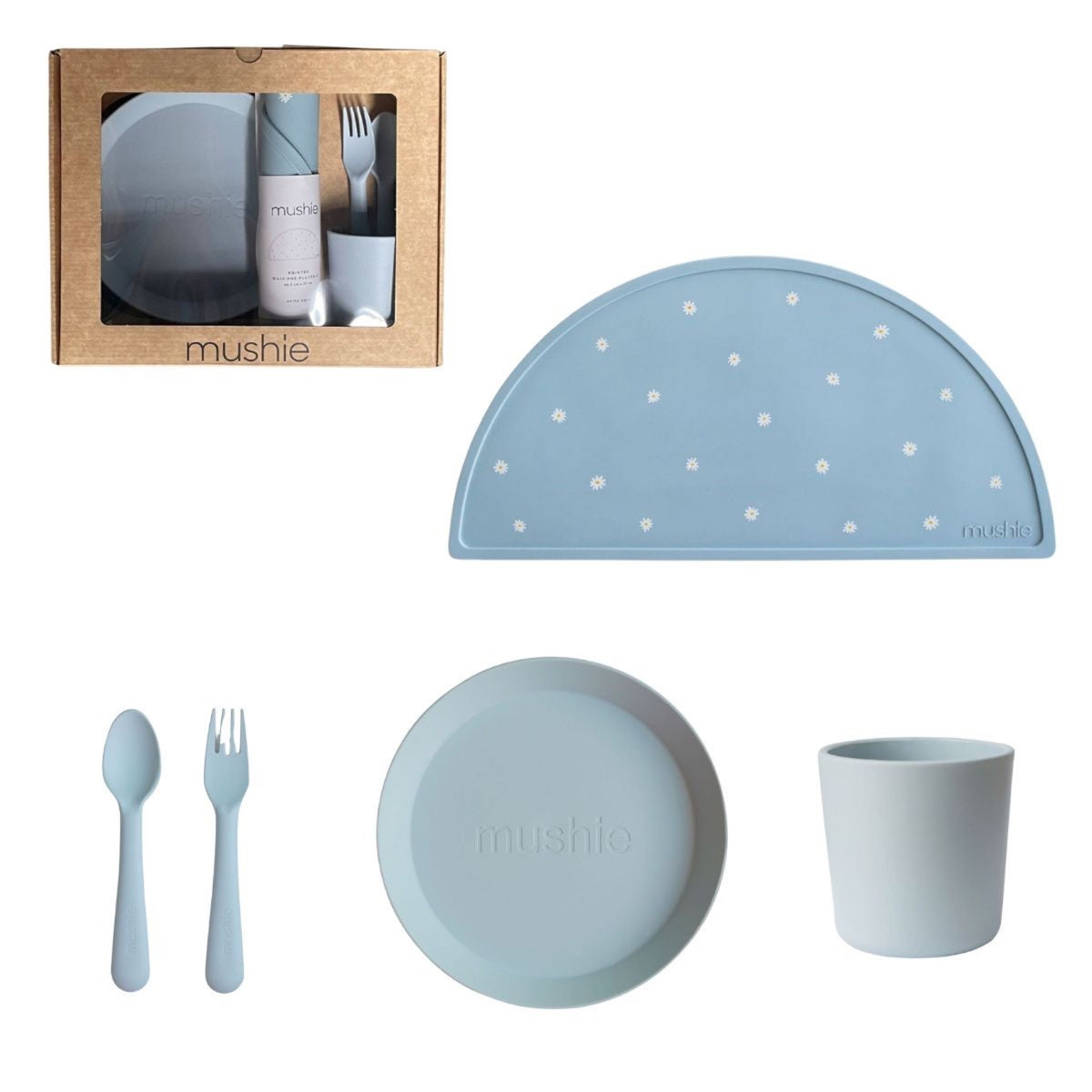 Coffret vaisselle enfant Round — Mushie — Powder Blue — mise en situation 2 | Appart 17 Bruxelles