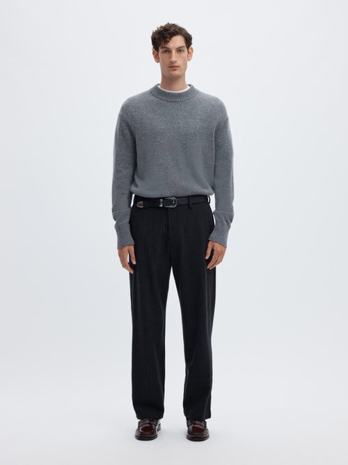 SLM220-LOOSE LUKE Pantalon loose en laine mélangée à rayures tennis — Dark Navy